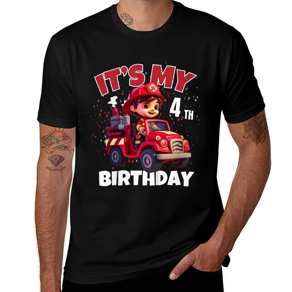 Kids It's My 4th Birthday Four Years Old Fire Truck  Tagless Design T-Shirt