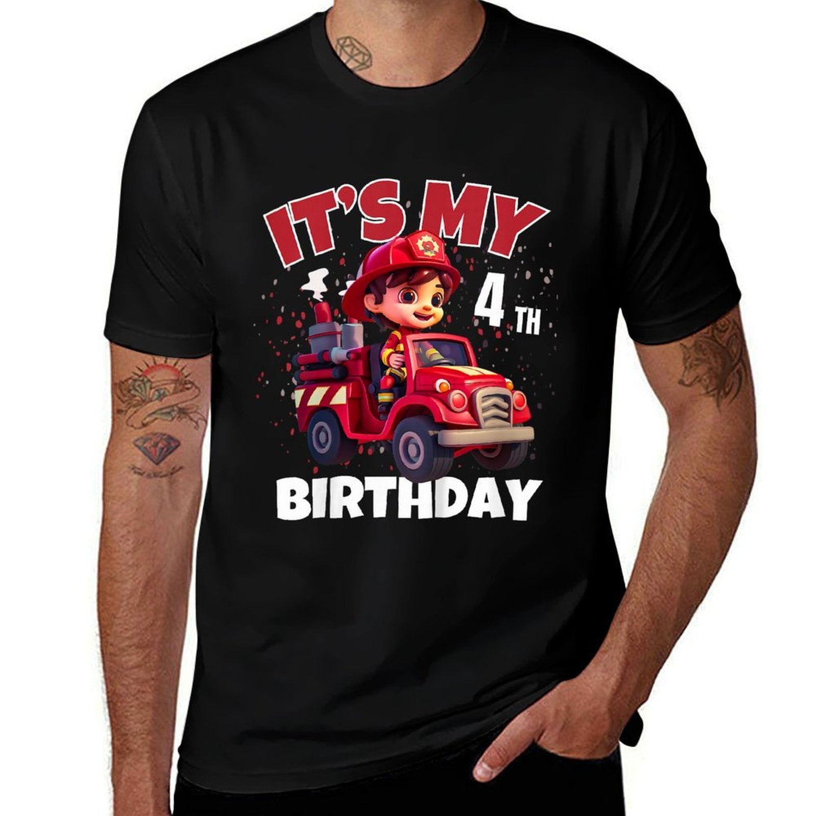 Kids It's My 4th Birthday Four Years Old Fire Truck  Tagless Design T-Shirt