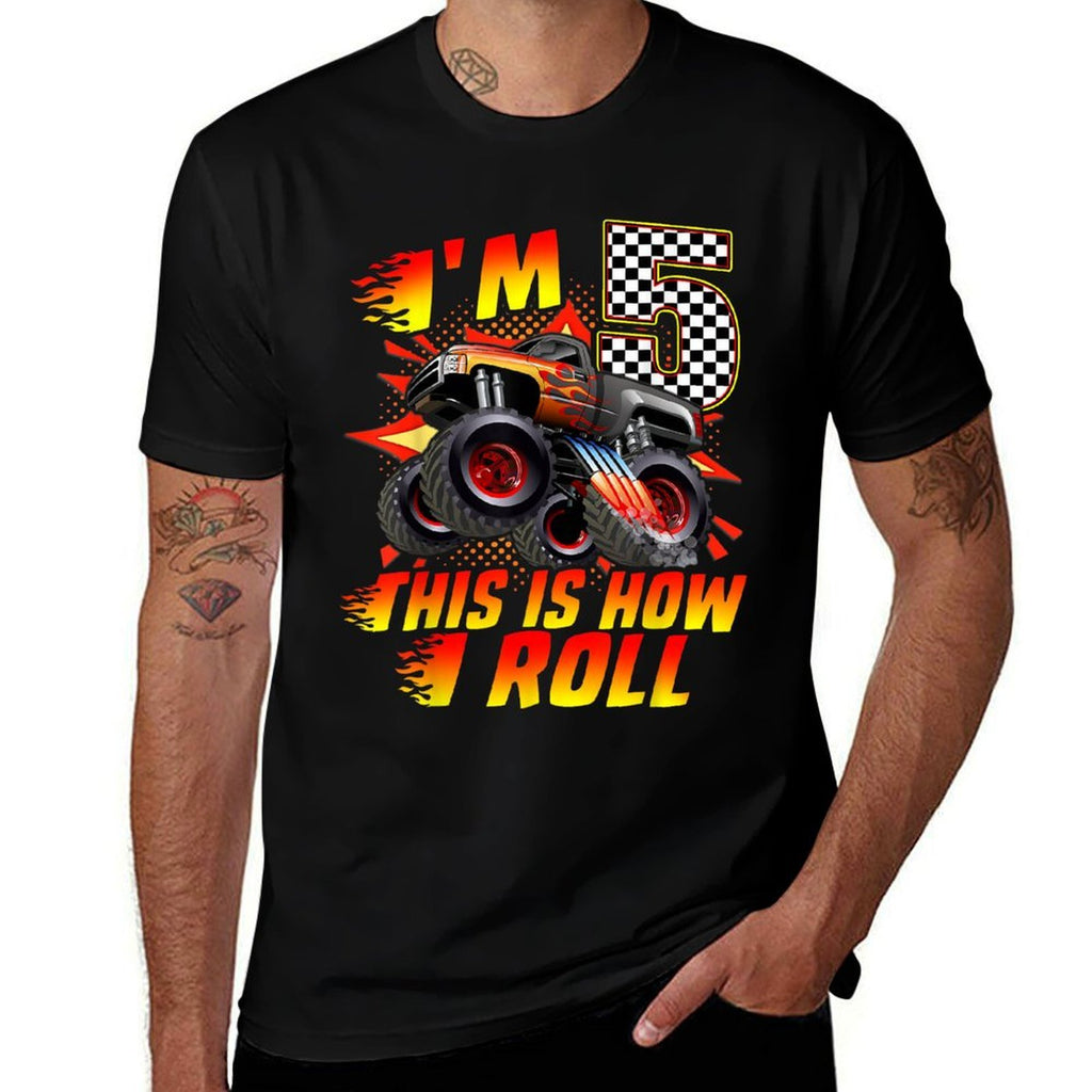 I'm 5 This Is How I Roll Monster Truck Car 5th Birthday Boys  Oversized Silhouette T-Shirt