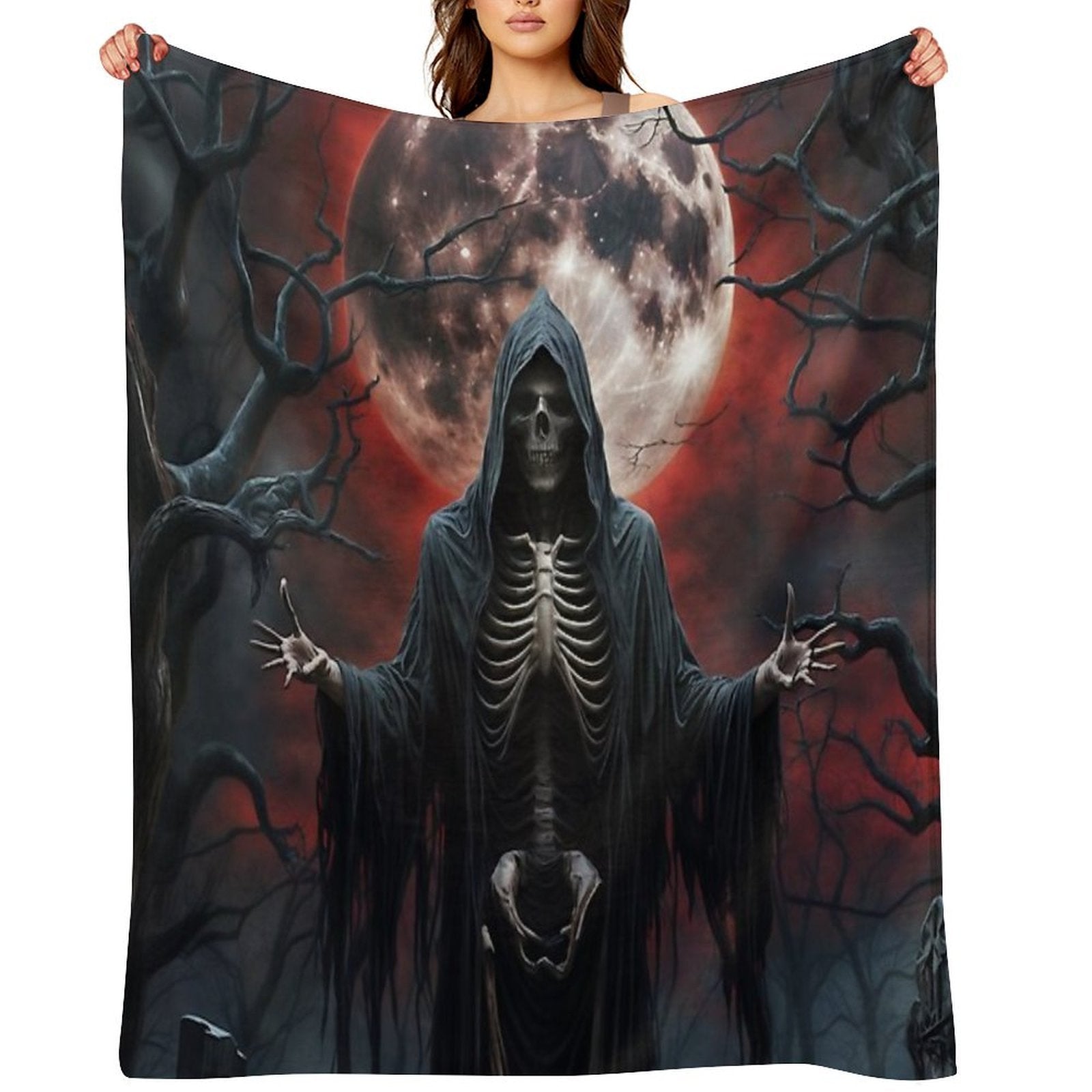 Grim Reaper Under Blood Moon in Haunted Graveyard Shrink-resistant Throw Blanket
