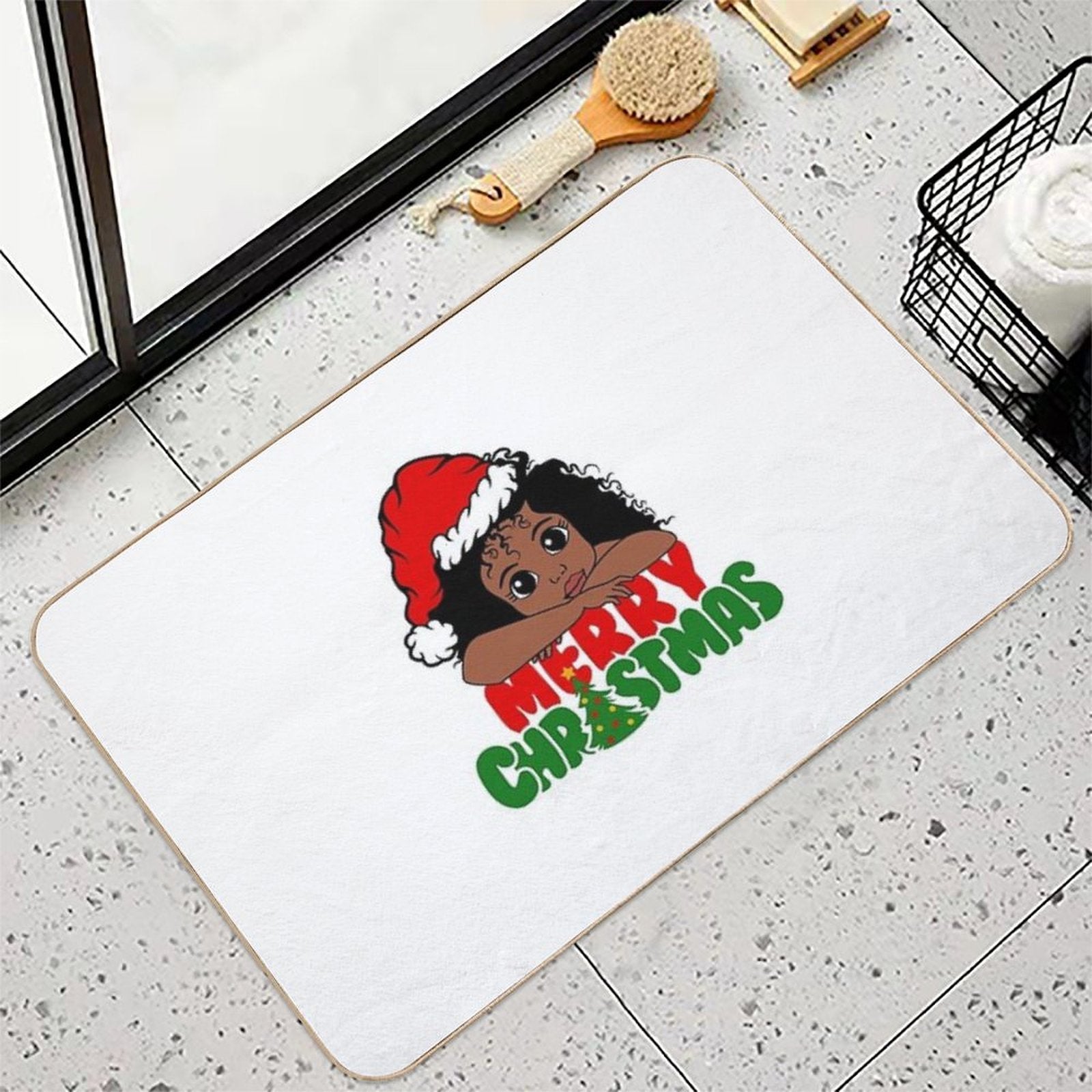 American African Christmas Santa Cute Natural Hair Afro Xmas  Toxin-Free Bath Mat