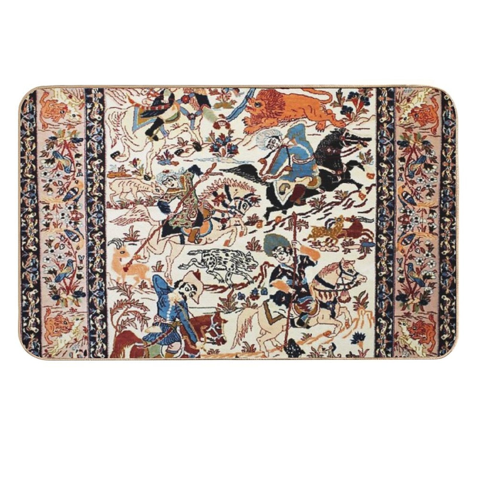 Blue Antique Persian Isfahan Silk Rug with Flowers Animals Print  Odorless Bath Mat