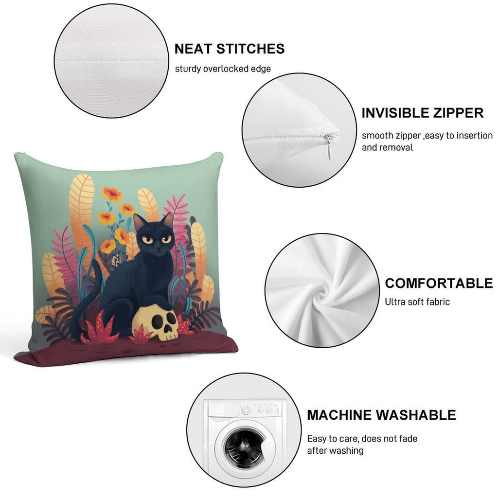 Skull Kitty Soft Bedroom Essential Throw Pillow