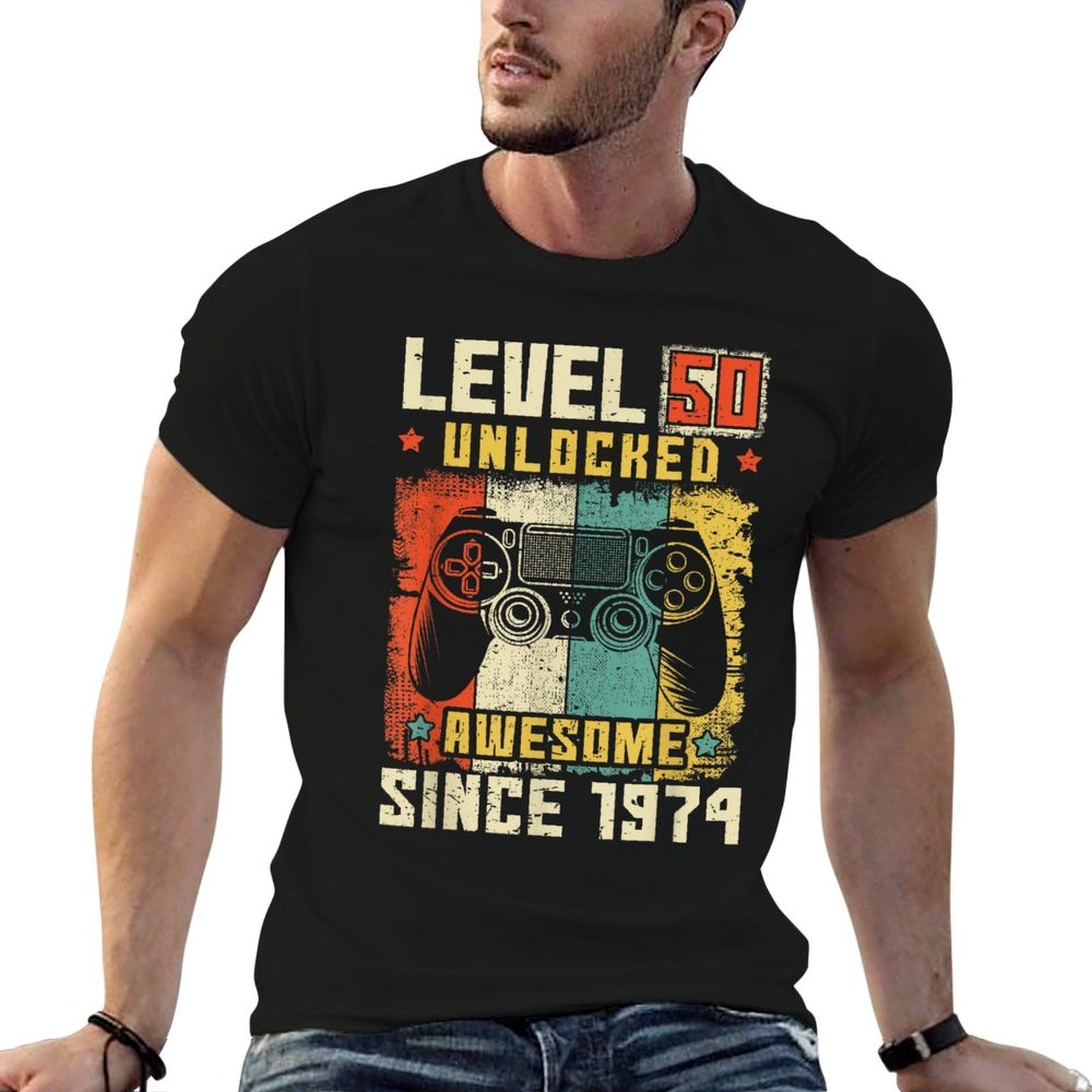 50 Birthday Decorations Gamer Men Video 1974 50th Birthday  Rolled Sleeves T-Shirt