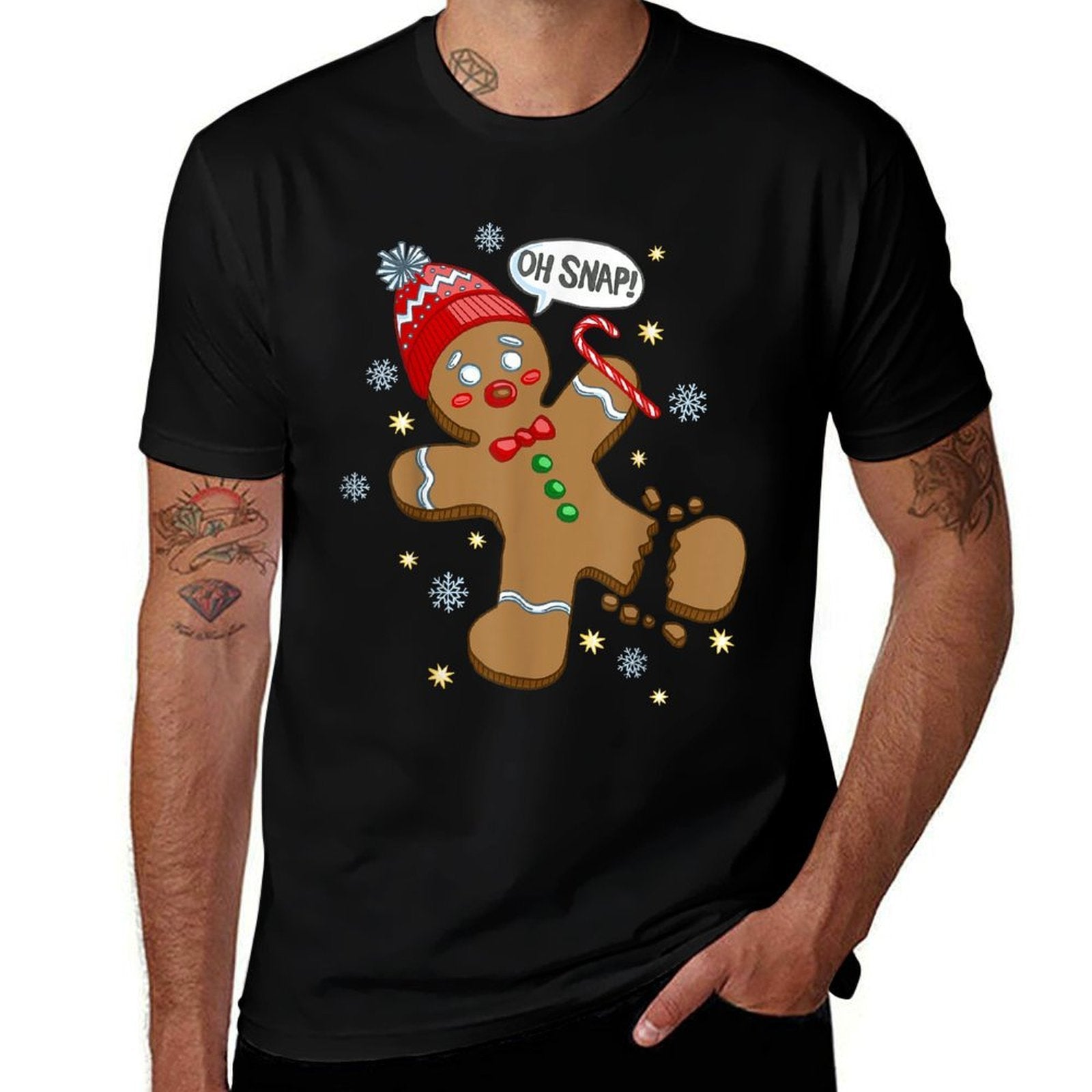 Trendy Holiday Apparel Gingerbread Man Oh Snap Christmas - Mens Unisex Adults Black Solid Crew Neck Classic Fit Pull On Christma  Breathable T-Shirt