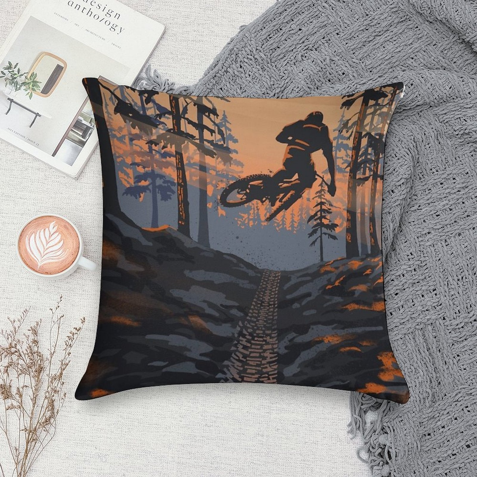 Retro Styled Mountain Biking Dirt Jumper Sunset Soft High-Density Material Throw Pillow