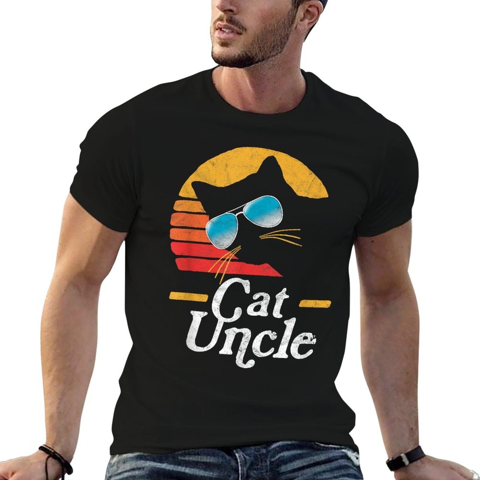 Cat Uncle Vintage 80s Style Cat Retro Sunglasses Distressed  Rolled Sleeves T-Shirt