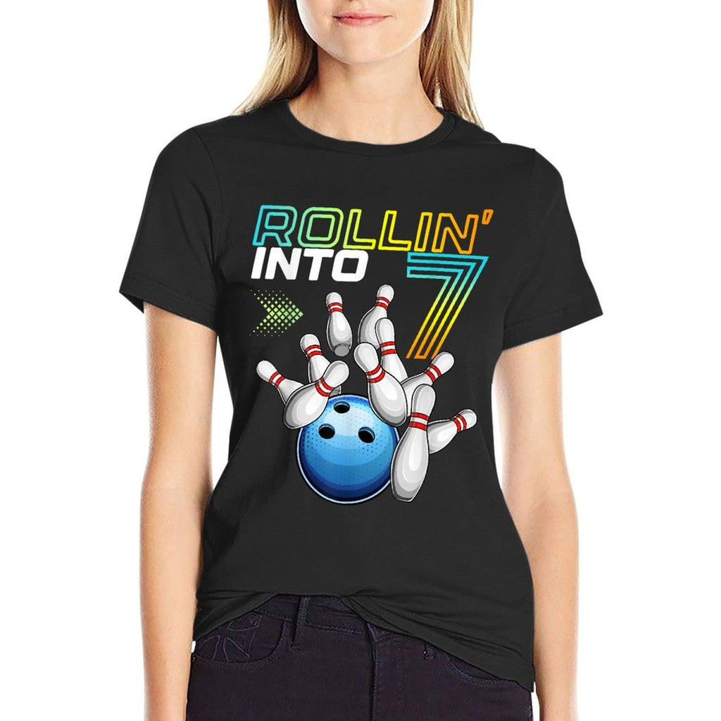 Rollin Into 7 Retro Bowling Birthday Party 7th Birthday  Wrinkle-resistant T-Shirt