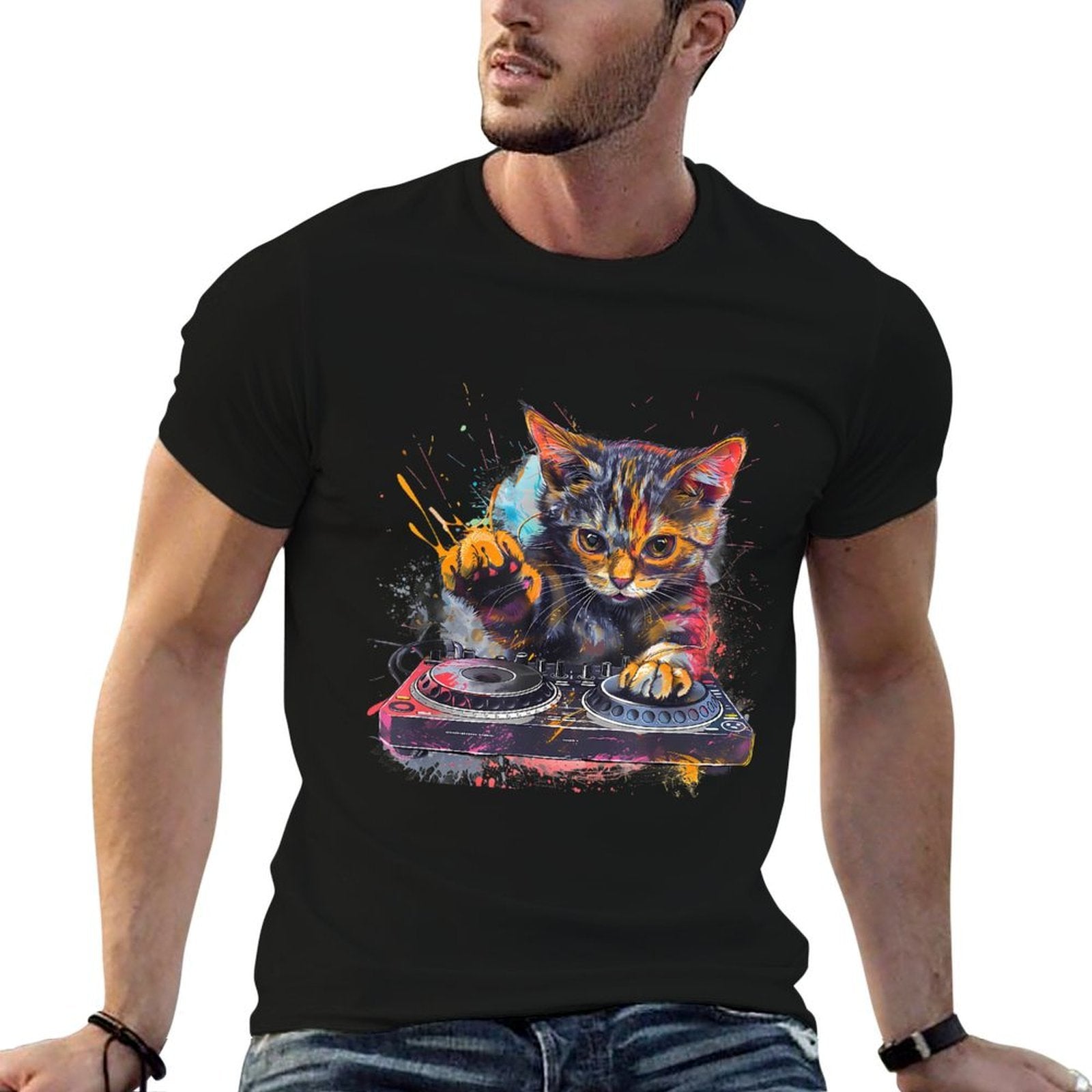 DJ Cat Turntable DJ Cat EDM Artwork House Music Beatmaker  Rolled Sleeves T-Shirt
