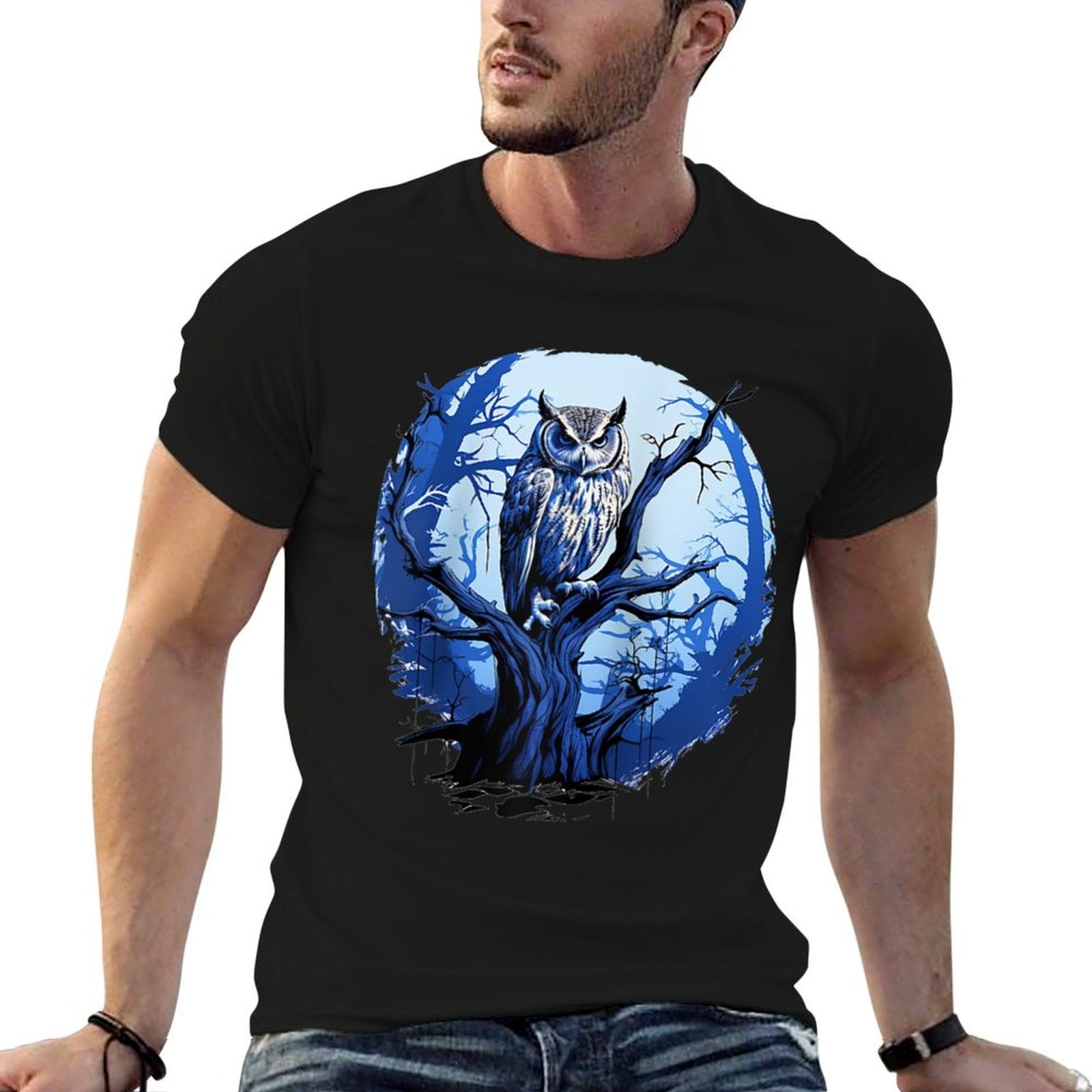 Twilight Blue Impressionist Owl on Skeletal Tree Raglan Baseball  Eco-friendly Material T-Shirt