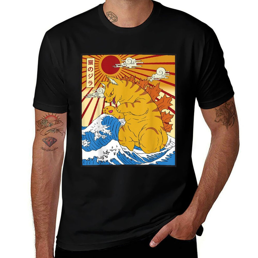 Catzilla Cat Japanese Anime Kawaii Funny Graphics Men  Eco-friendly Material T-Shirt