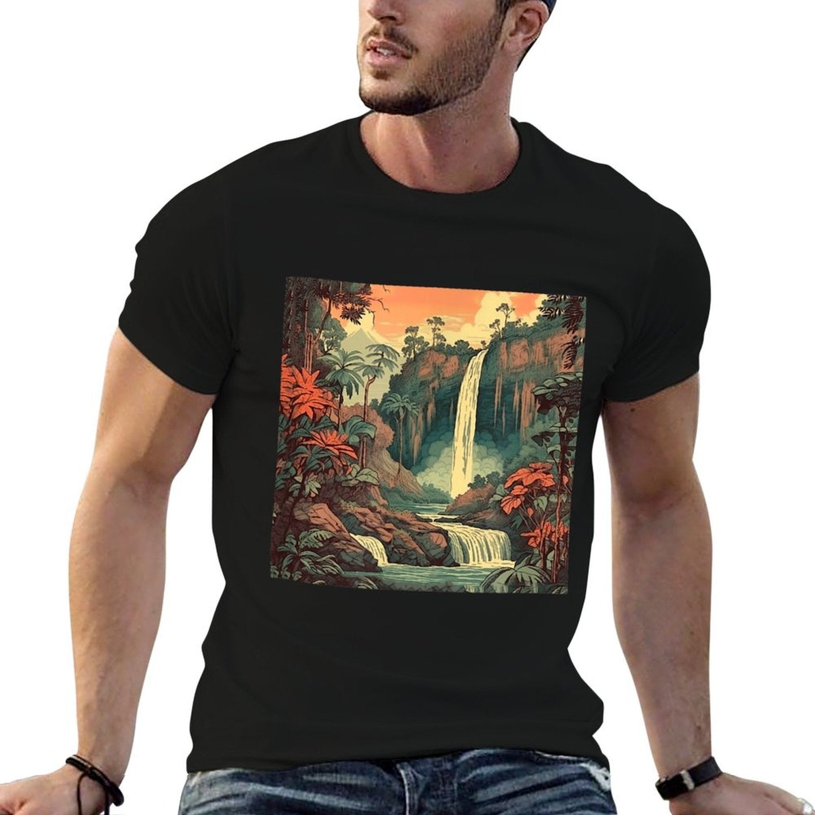 Jungle Waterfall Vintage Landscape Graphic  Wrinkle-resistant T-Shirt