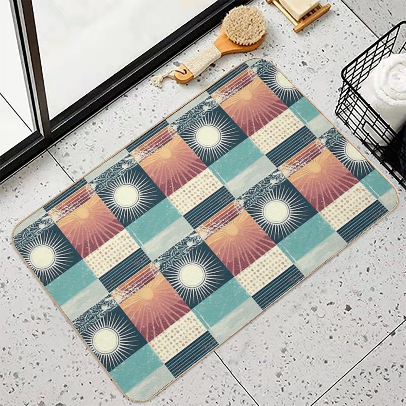 Retro Sixties Patchwork, Sun And The Ocean  High-Traffic Bath Mat
