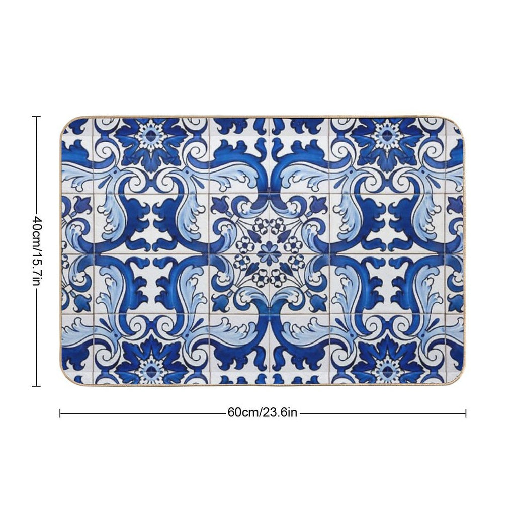 Antique Classic Lisbon Blue Azulejo Tile Floral Pattern  Stain-Proof Bath Mat