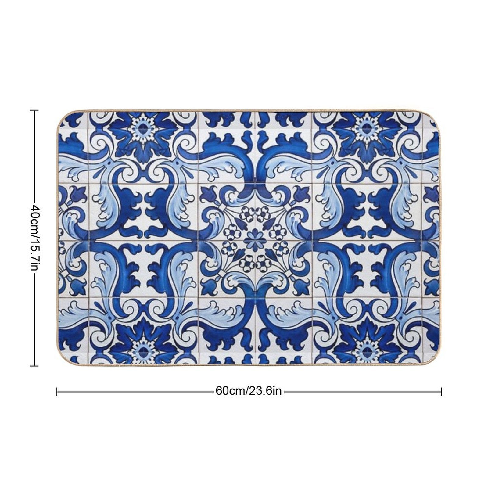 Antique Classic Lisbon Blue Azulejo Tile Floral Pattern  Stain-Proof Bath Mat