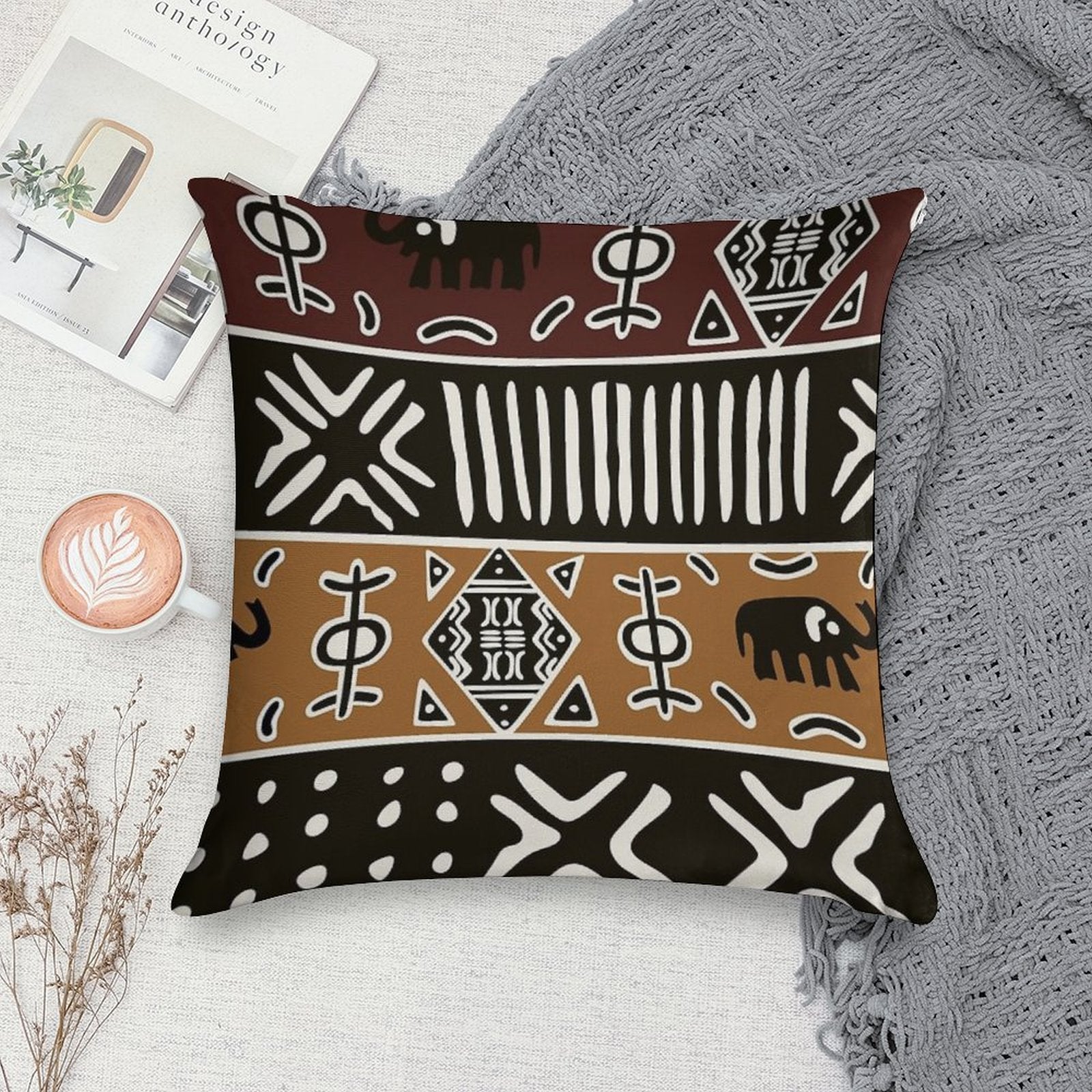 African Mud Cloth with Elephants Soft Durable Construction Throw Pillow