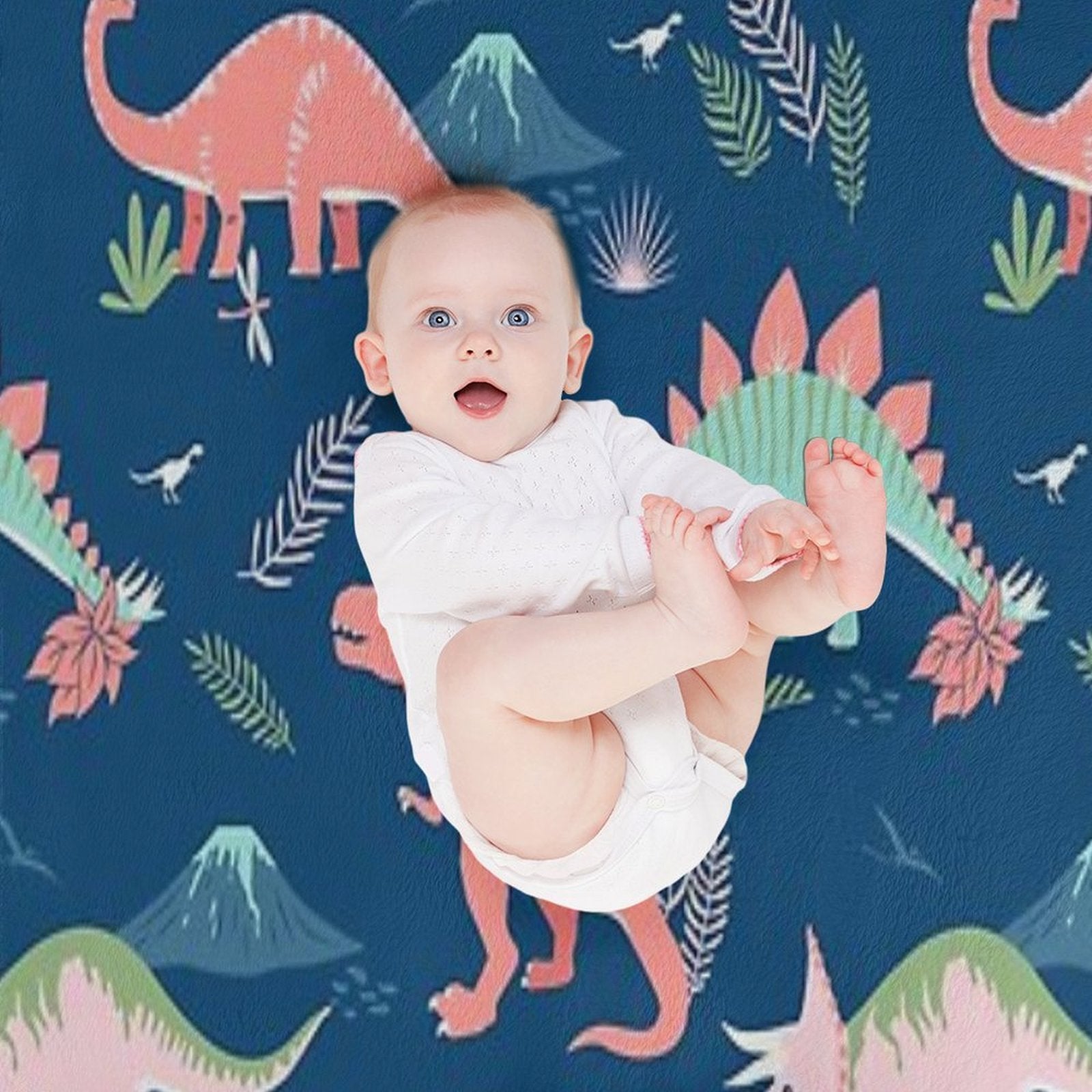 Jurassic Dinosaur in Blue + Coral Premium Throw Blanket