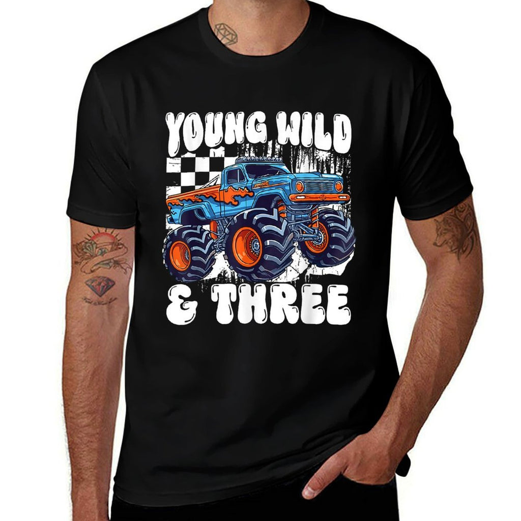 3rd Birthday Monster Truck Young Wild And Three 3 Year Old  Cotton T-Shirt