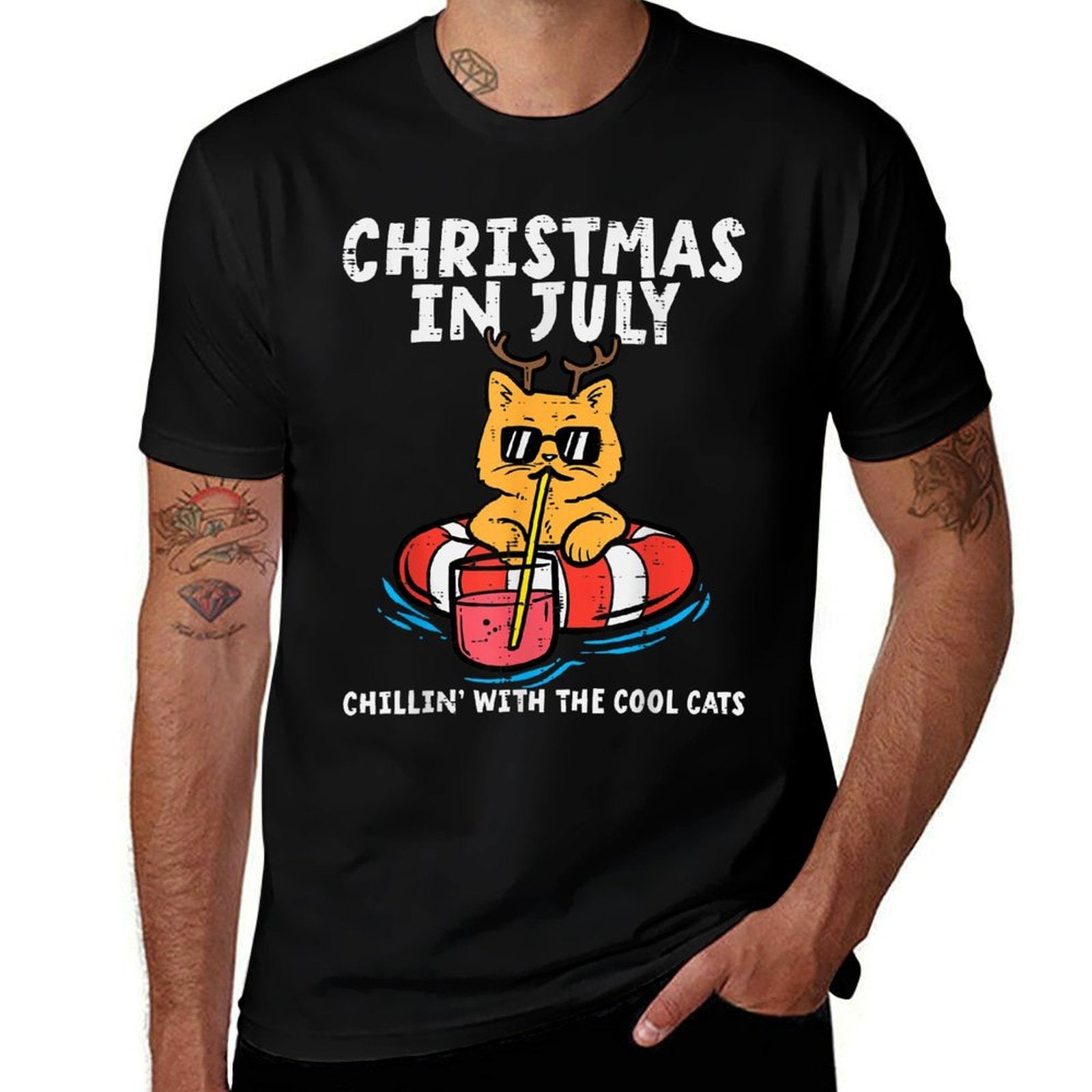 Christmas In July Chillin Cool Cats Funny Meowy Xmas Summer  Ribbed Collar T-Shirt