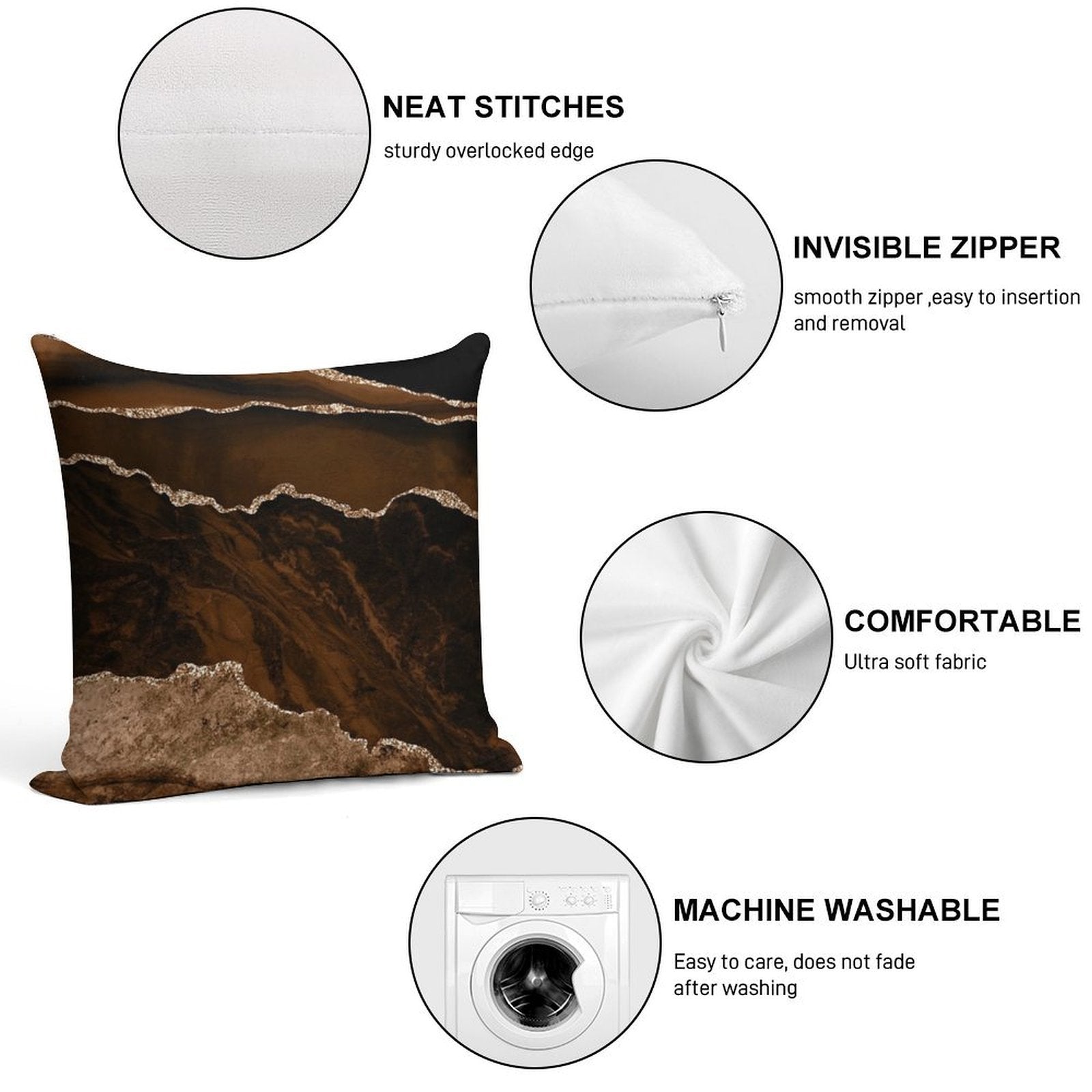 Abstract Brown & Gold Modern Geode Agate Design Soft Shrink-Resistant Throw Pillow