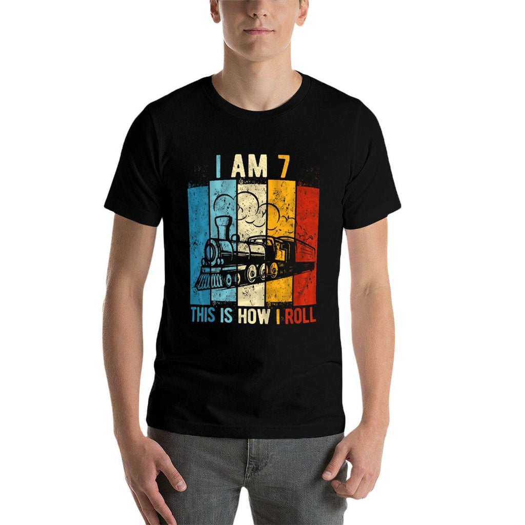 Kids 7th Birthday Boy Train 7 Year Old Birthday  Moisture-wicking T-Shirt