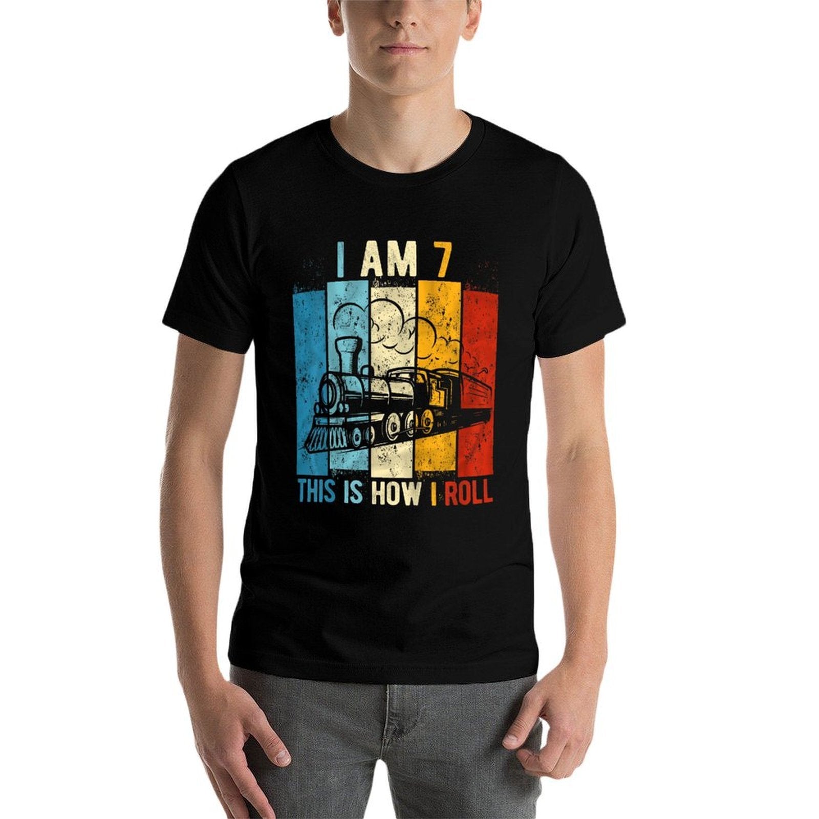 Kids 7th Birthday Boy Train 7 Year Old Birthday  Moisture-wicking T-Shirt