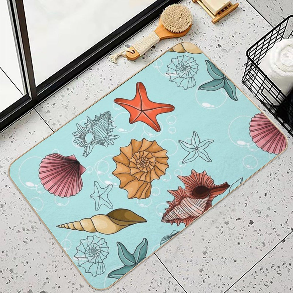 Marine Theme, Sea, Background, Beach, Summer, Ornament, Underwater, Starfish, Shells  Stain-Proof Bath Mat