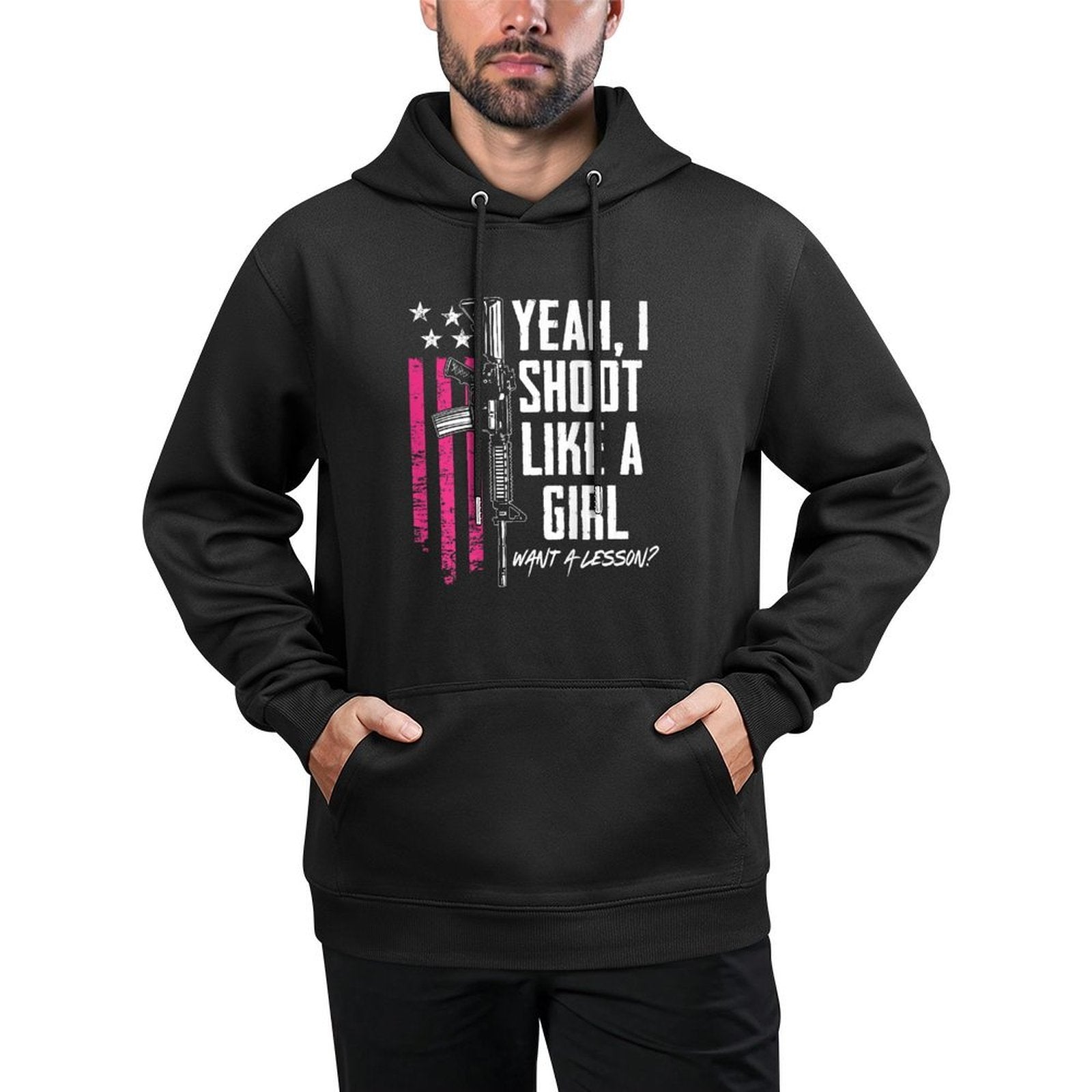 Yeah I Shoot Like A Girl Want A Lesson USA Ladies Gun (BACK) Shape Retention Hoodie