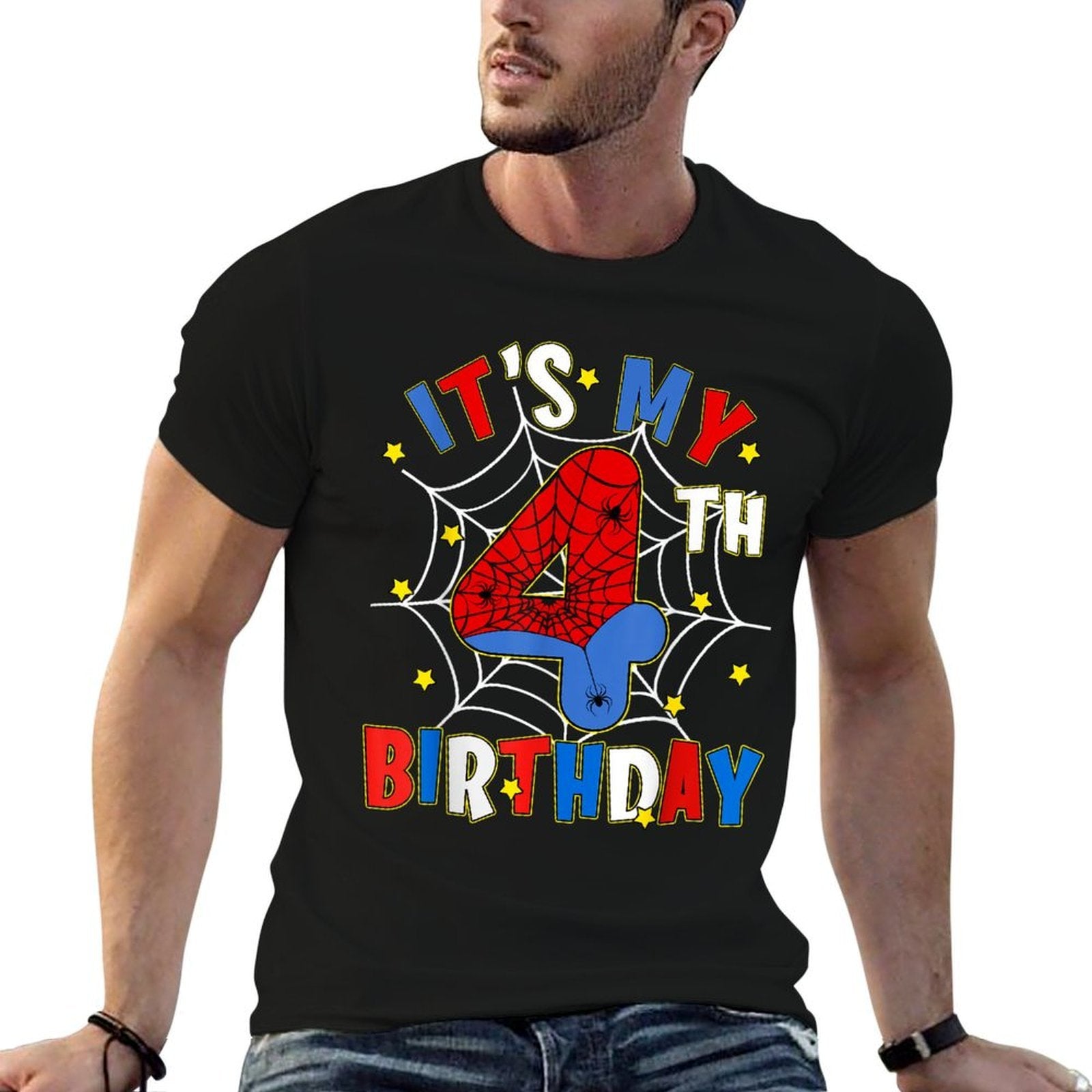 Boy Kids It's My 4th Birthday Spider Theme Party 4 Year Old  Oversized Silhouette T-Shirt