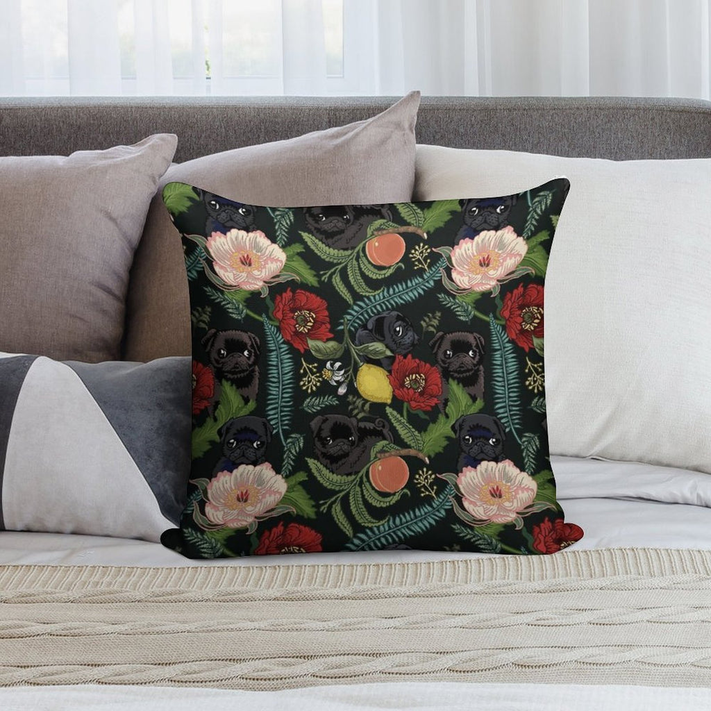 Botanical And Black Pugs Soft Warmth Comfort Throw Pillow