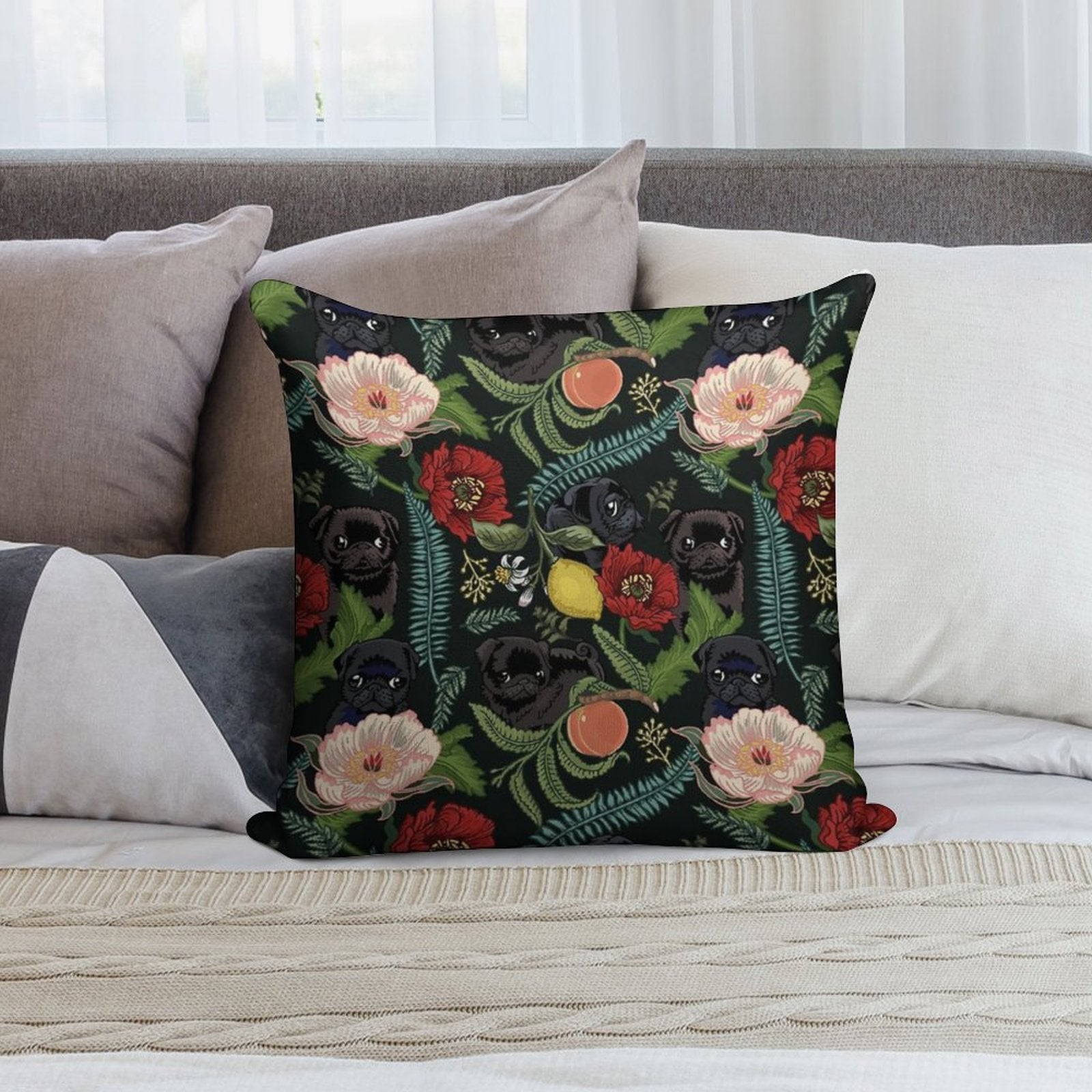 Botanical And Black Pugs Soft Warmth Comfort Throw Pillow