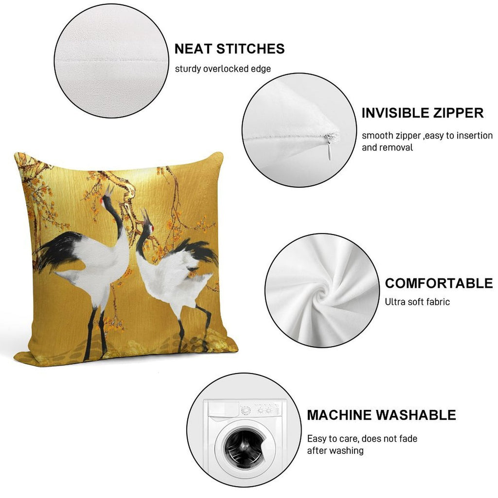 Golden Cranes Japanese Art Soft Fade-Resistant Throw Pillow