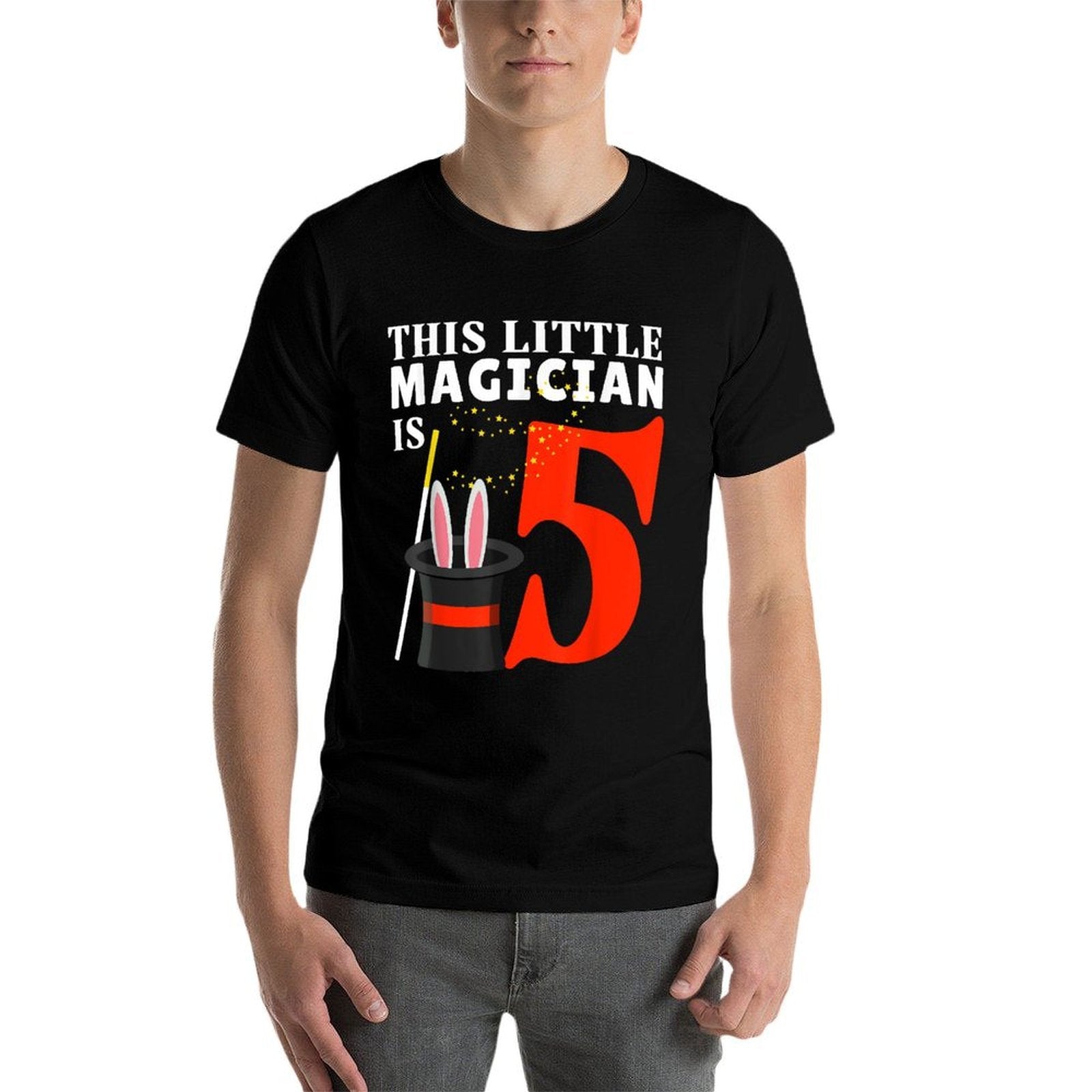This Little Magician Is 5 Five Year 5th Birthday Party Magic  Ribbed Collar T-Shirt