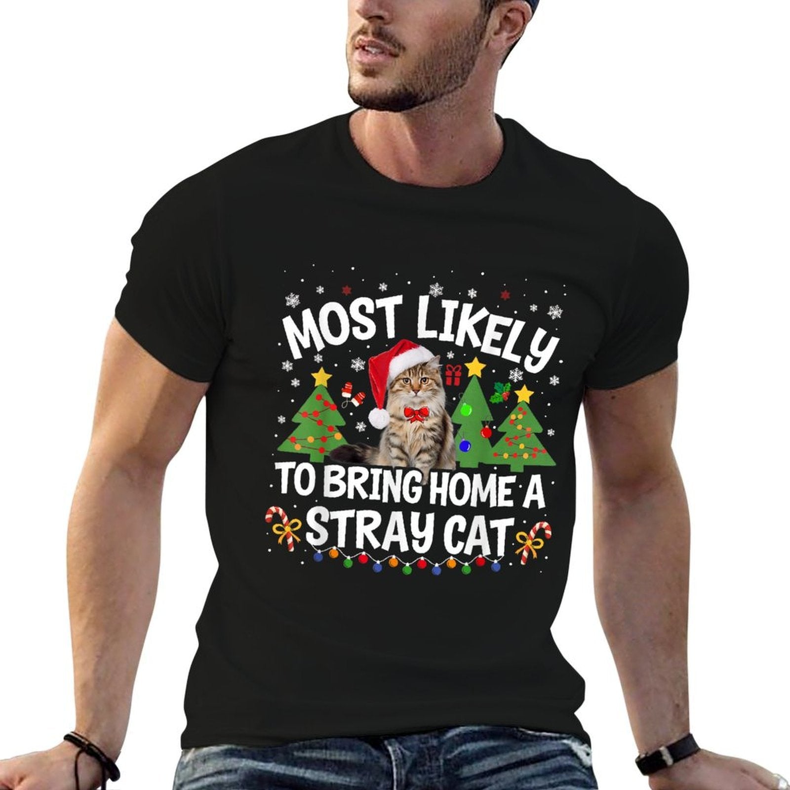Most Likely To Bring Home A Stray Cat Christmas Family  Fade-proof Color T-Shirt