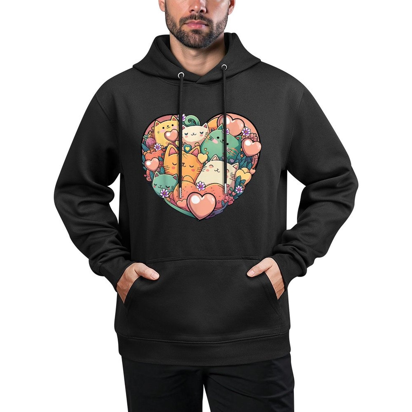Kawaii Anime Cat Valentines Day Heart Shaped Graphic Girls Casual Wear Hoodie