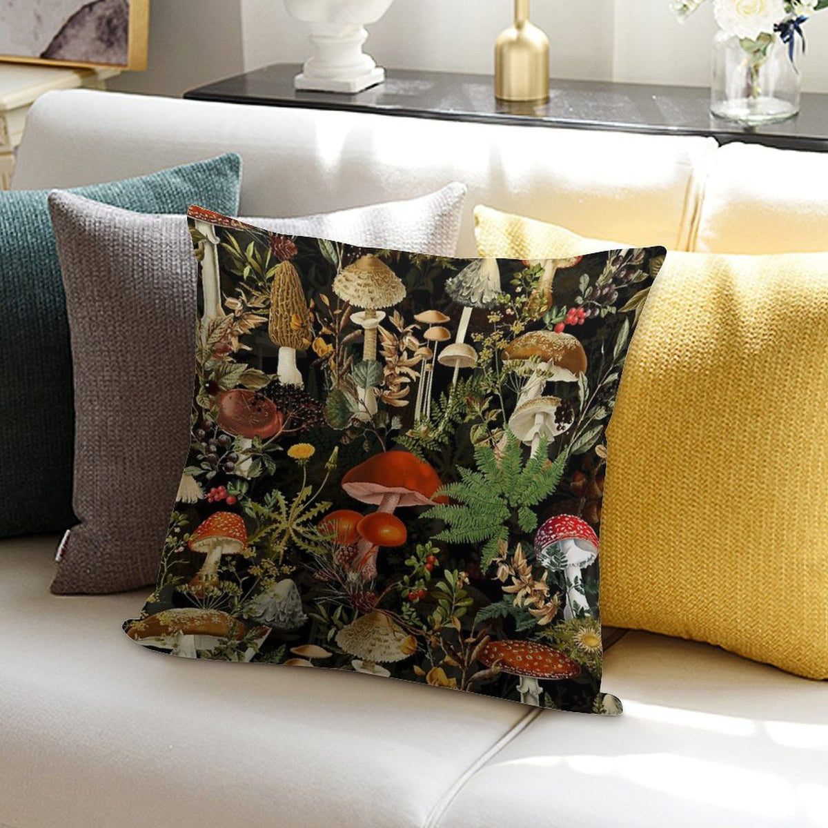 Vintage Midnight Mushrooms Forest Botanical Night Garden Pattern - Black Colorful Nightgarden Soft Luxury Feel Throw Pillow