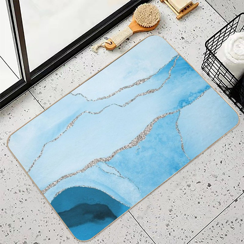 Watercolor Agate in Aqua Blue Faux Silver Veins  Dirt-Trapping Bath Mat