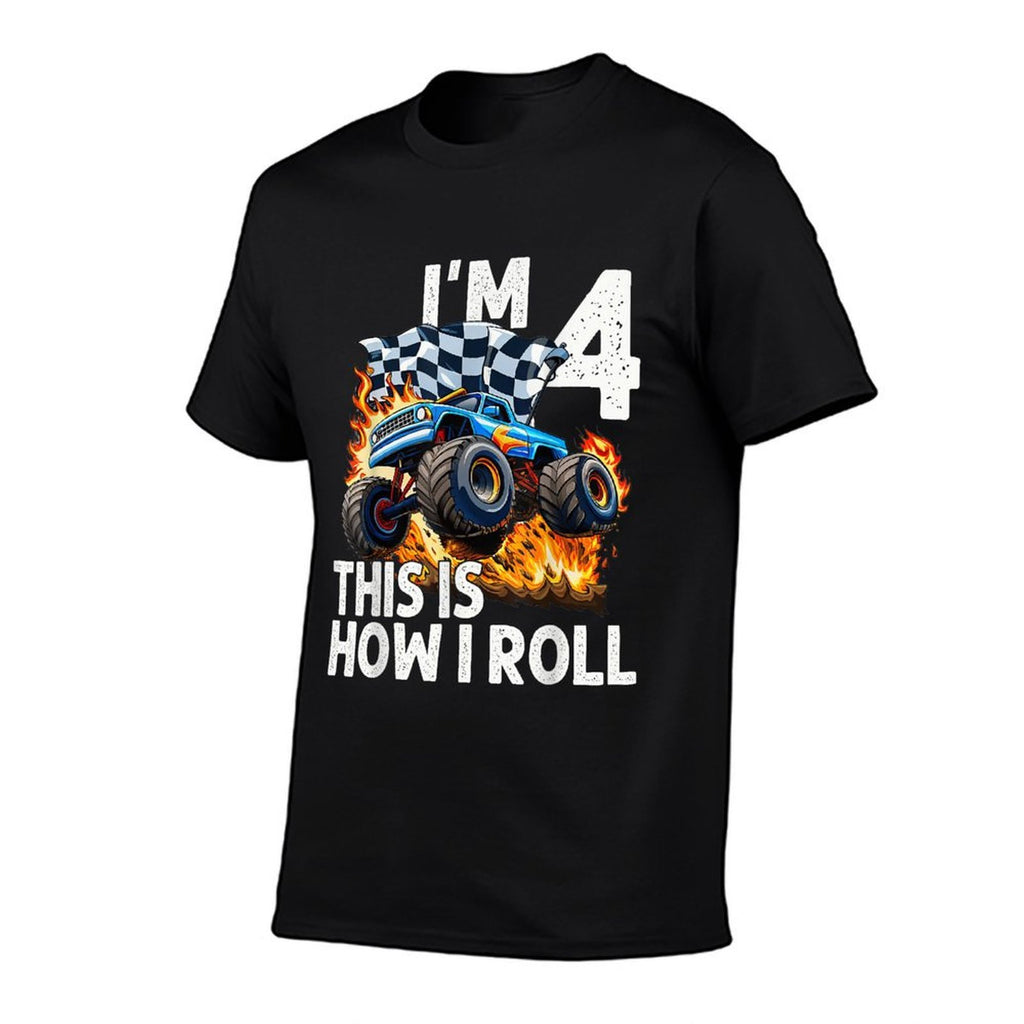 4th Birthday Boys I'm 4 This Is How I Roll Monster Truck Car  Heathered Texture T-Shirt
