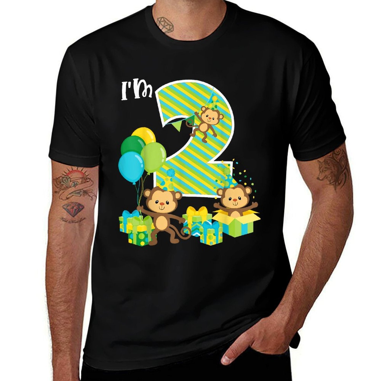 Birthday Monkey 2nd Birthday Party Two Year Old Kid Toddler  Tagless Design T-Shirt