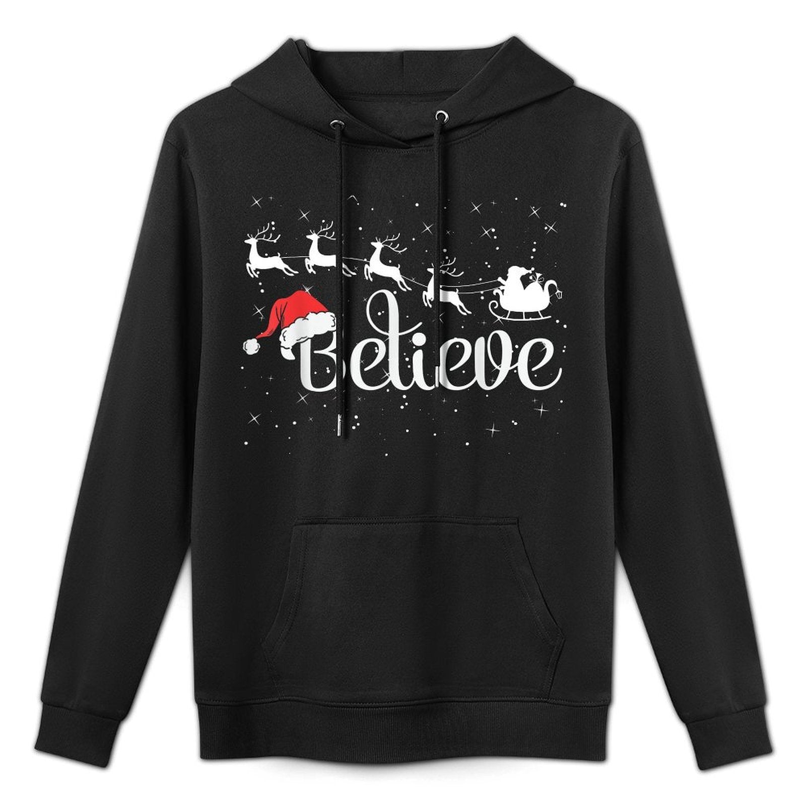 Christmas Believe in Santa with Sleigh Reindeer  Santa Hat Cotton-Polyester Blend Hoodie