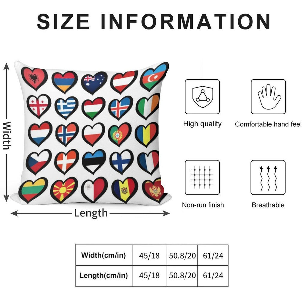 Eurovision Song Contest Flags Hearts ESC EBU Eurofans Soft Hidden Zipper Throw Pillow