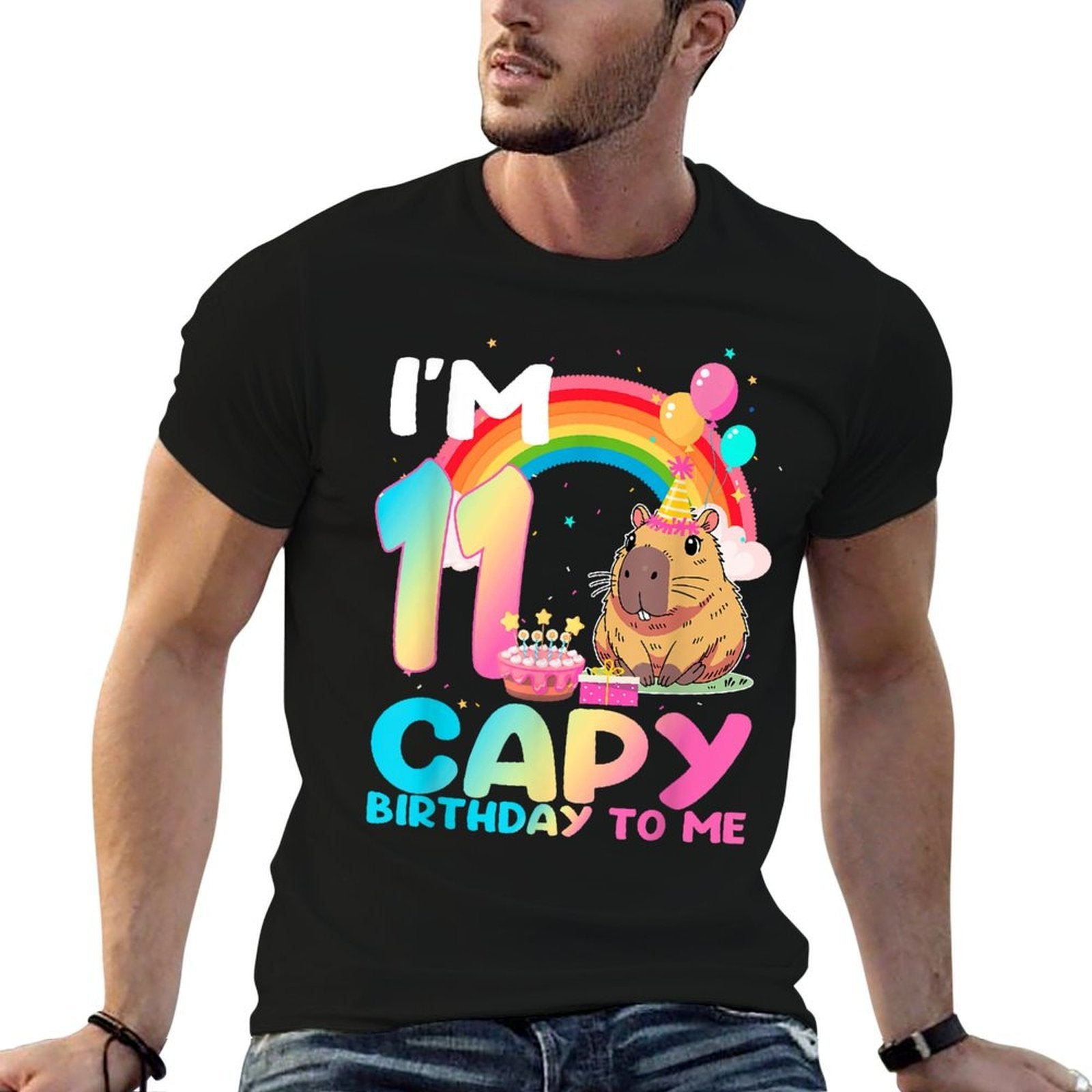 I'm 11 Year Old Capy Happy Birthday To Me 11th Bday Capybara  Rolled Sleeves T-Shirt