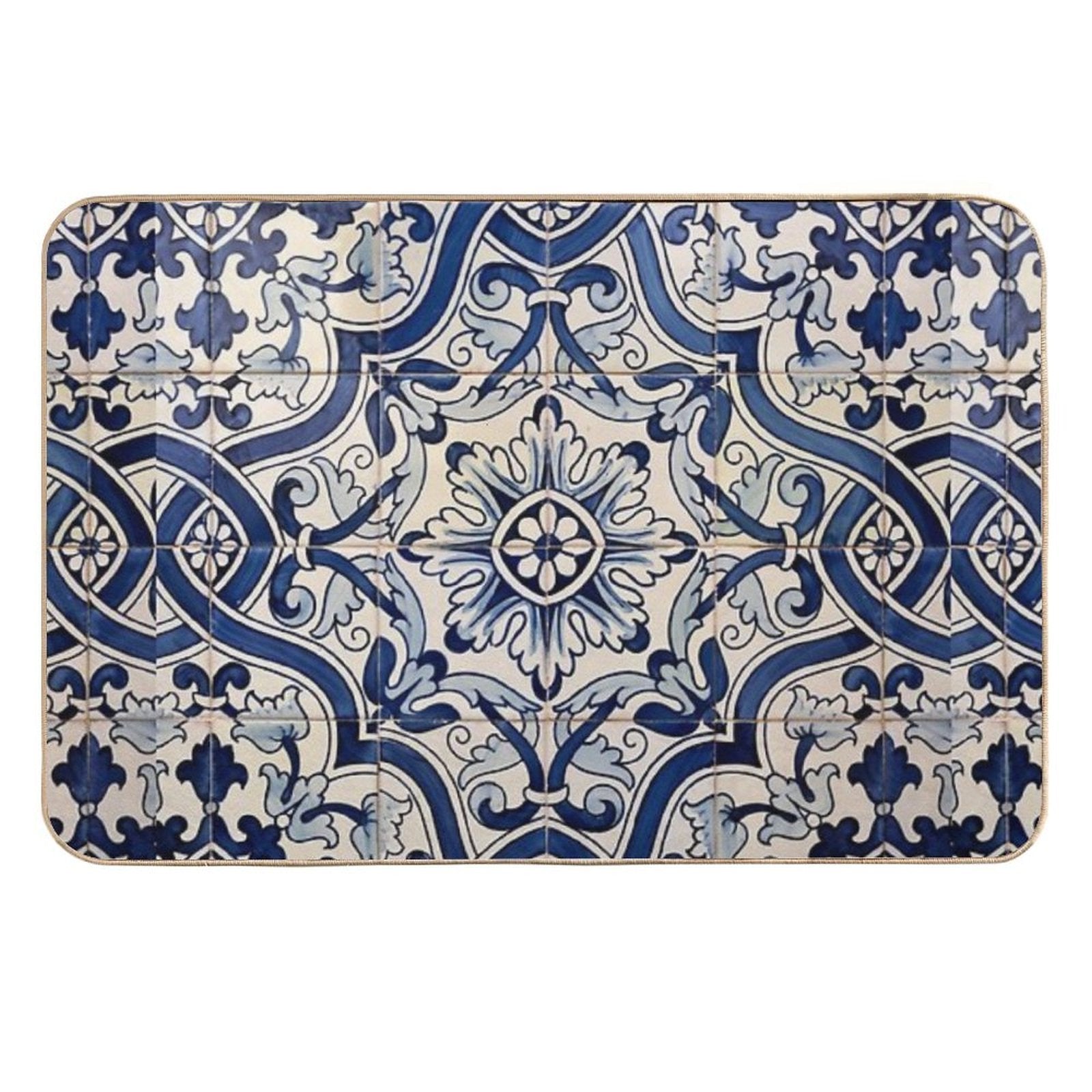 Beautiful Blue Portuguese Tile - Azulejo  Easy Maintenance Bath Mat