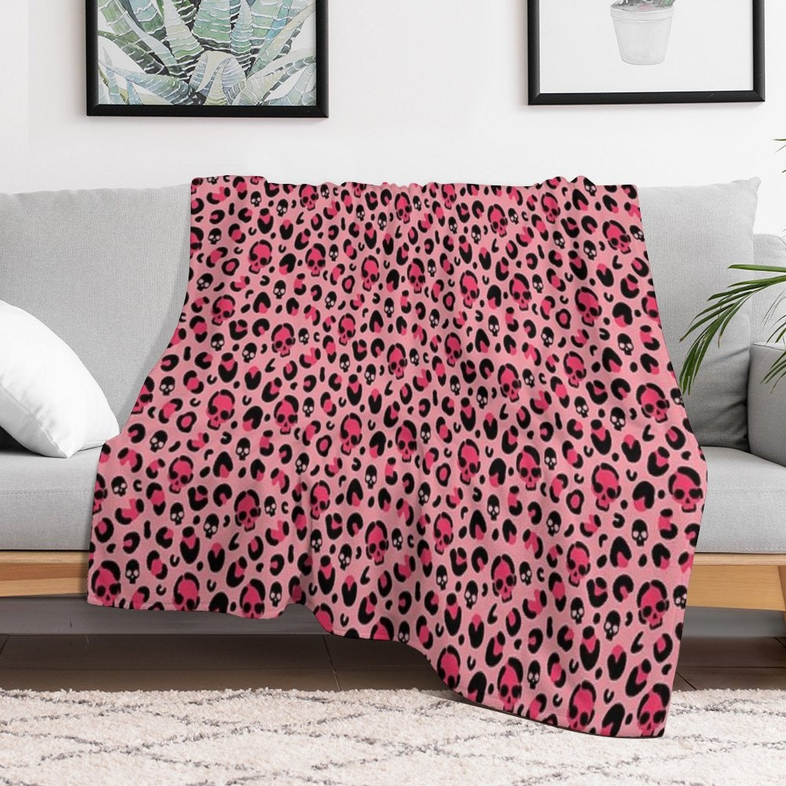 Skull Leopard Print on Pink Background. Premium Throw Blanket