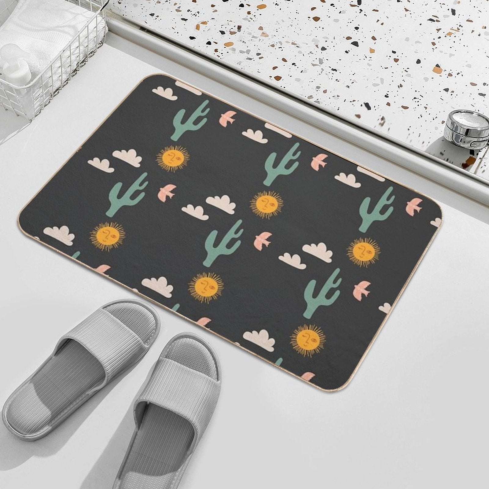 Boho Aesthetic Landscape Southwest Cactus And Sun - Charcoal Background  Odorless Bath Mat