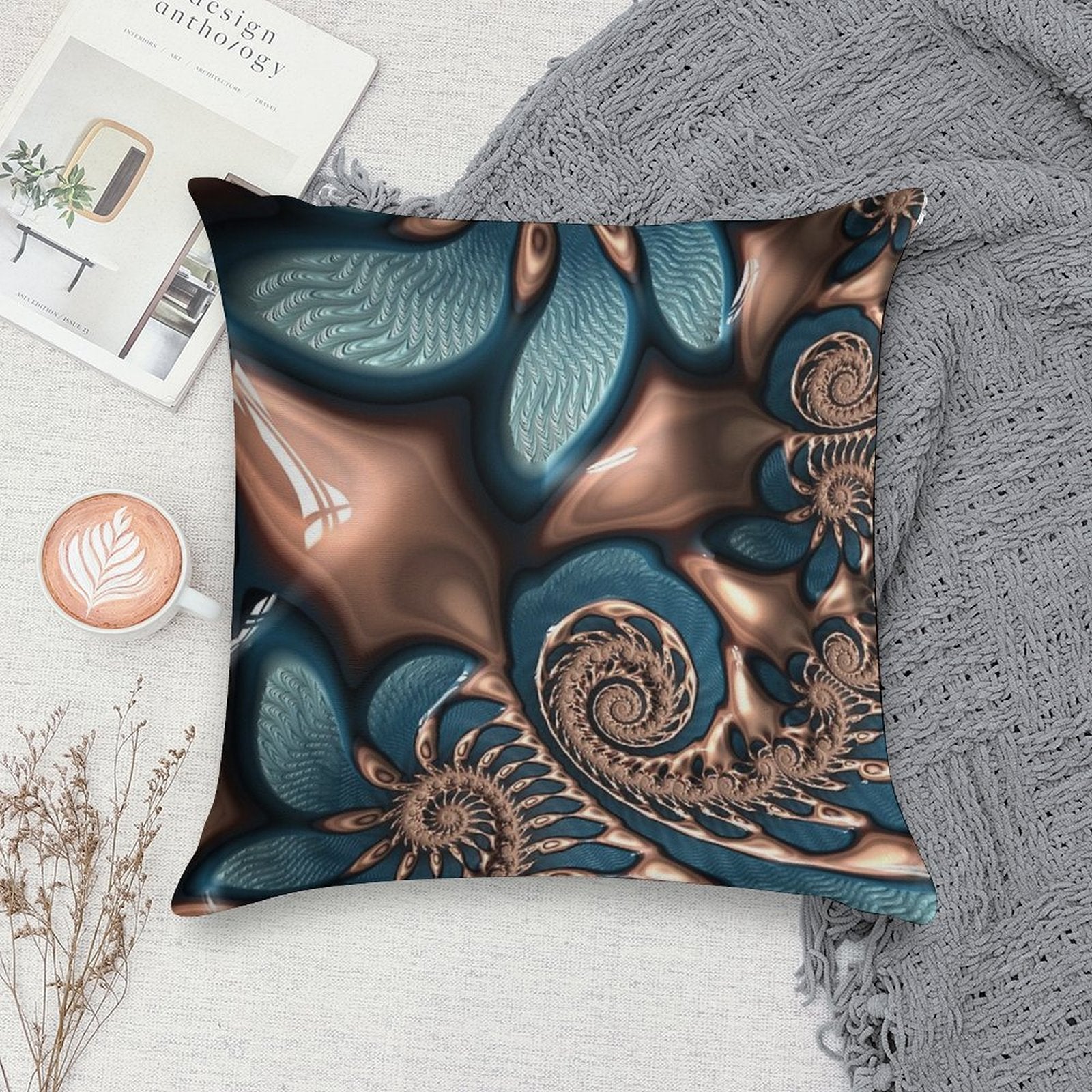 Teal And Chocolate Swirl - Blue Brown Fractal Spirals Soft Reinforced Edging Throw Pillow