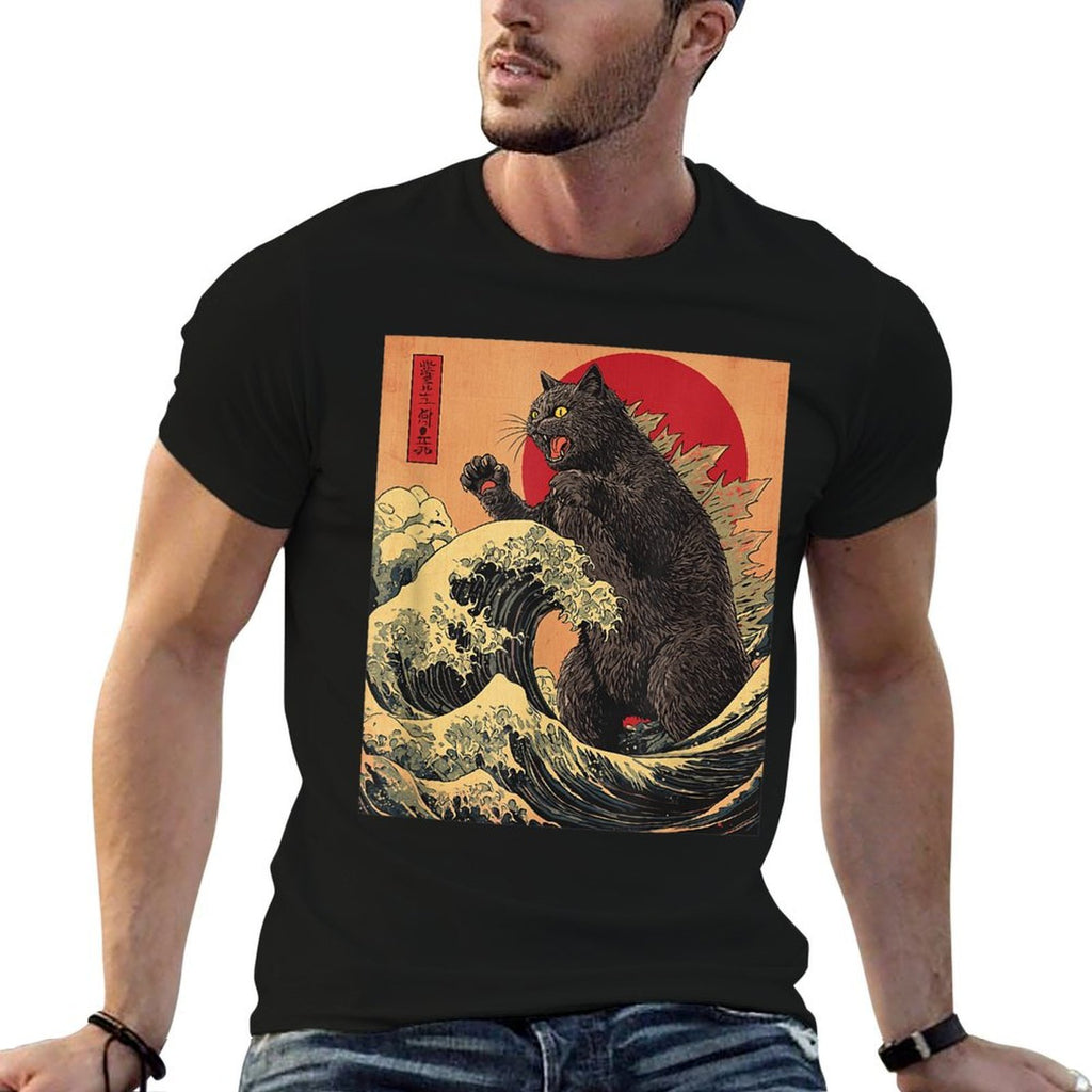 Catzilla Cat Japanese Anime Kawaii Sunset  High-quality Stitching T-Shirt