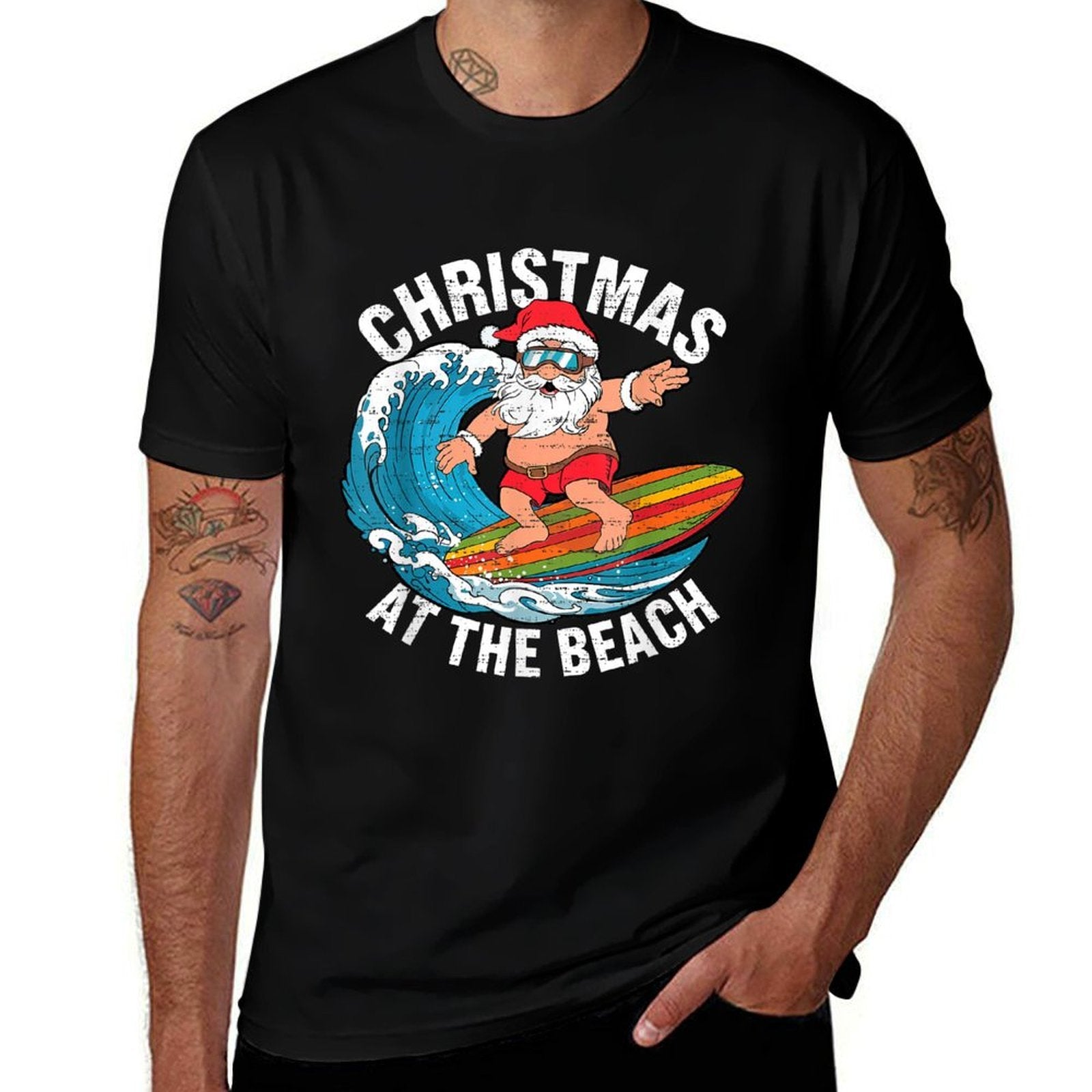 Funny Santa Surfing Christmas In July Xmas Summer Christmas  Polyester Blend T-Shirt