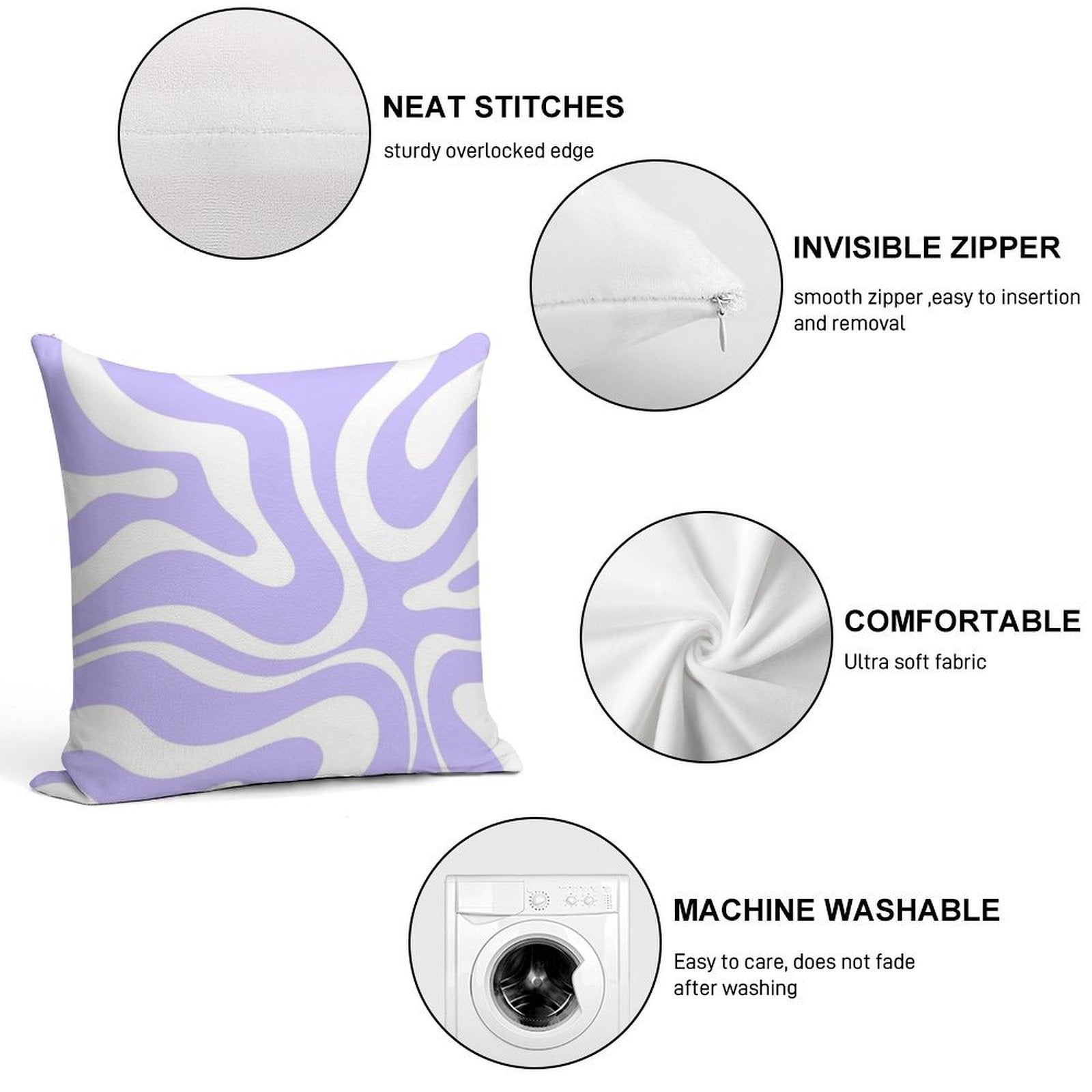 Retro Modern Liquid Swirl Abstract Pattern Square in Light Purple And White Soft Fade-Resistant Throw Pillow