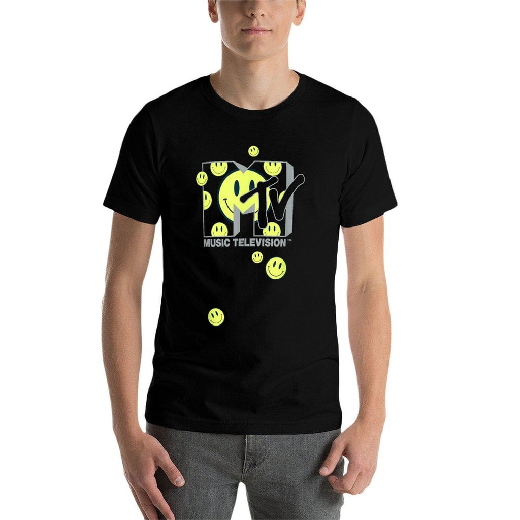 MTV Music Television Retro Eighties Neon Smiley Faces Logo  Rolled Sleeves T-Shirt